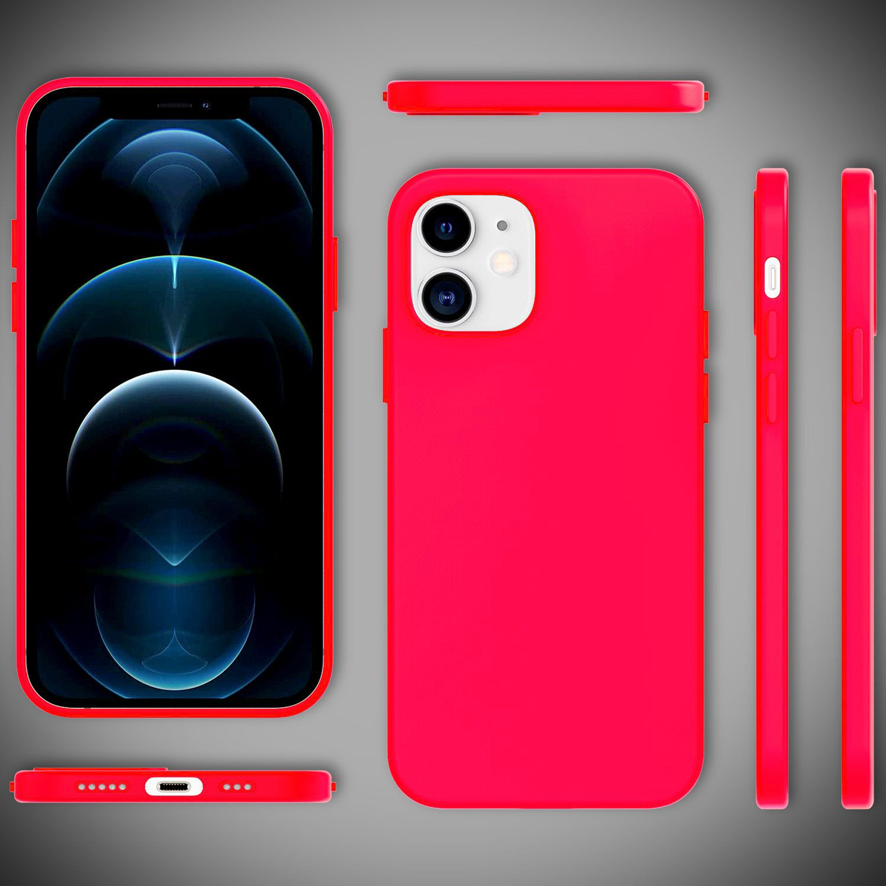 Ein rotes iPhone-Gehäuse, das von allen Seiten gezeigt wird, mit einem blauen Hintergrund.