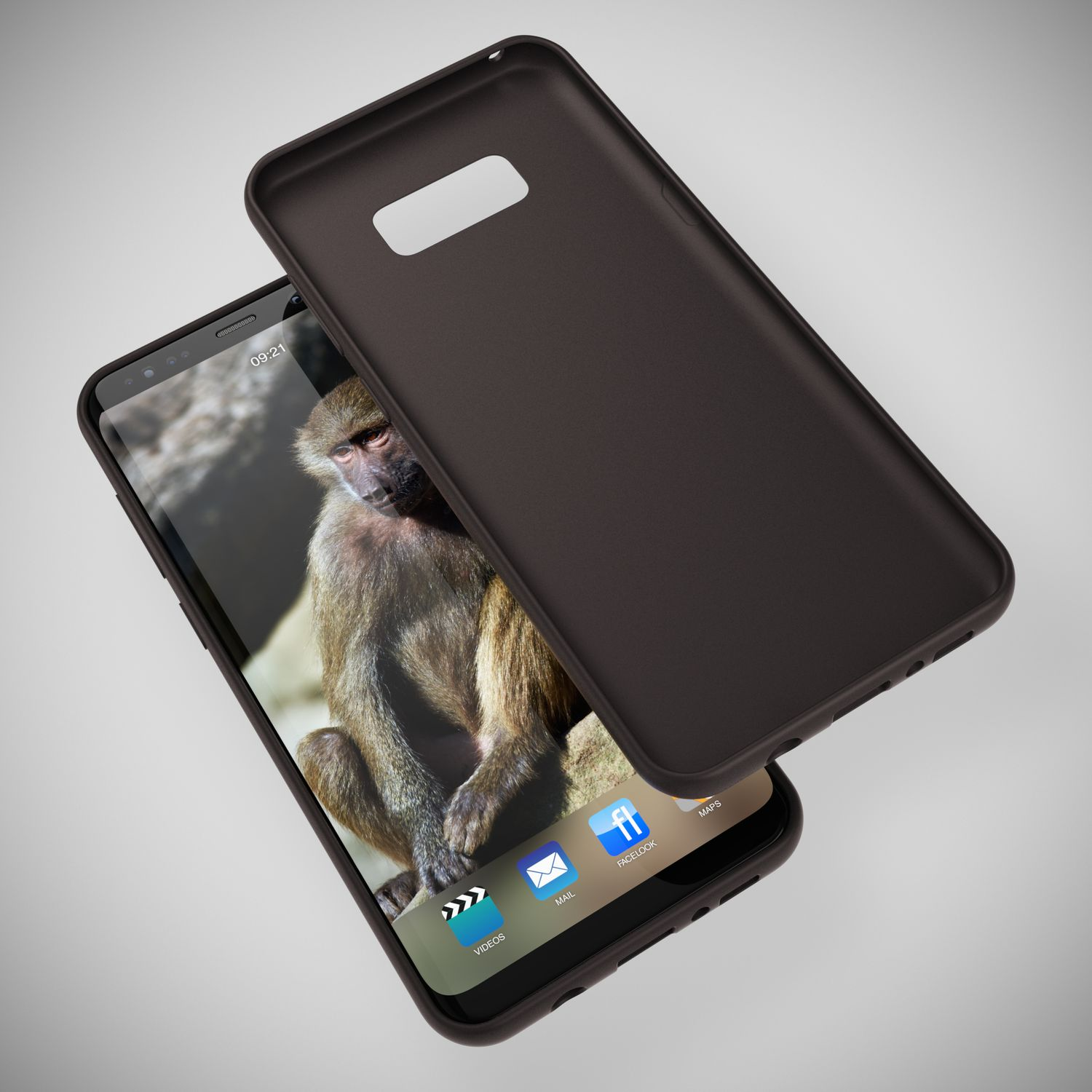 Ein Smartphone mit einem Pavian-Hintergrundbild und einer dunklen Hülle.
