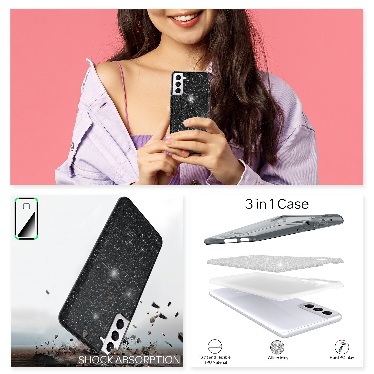 Donna che tiene una cover per telefono glitterata. Vengono mostrati strati della cover, assorbimento degli urti e caratteristiche.