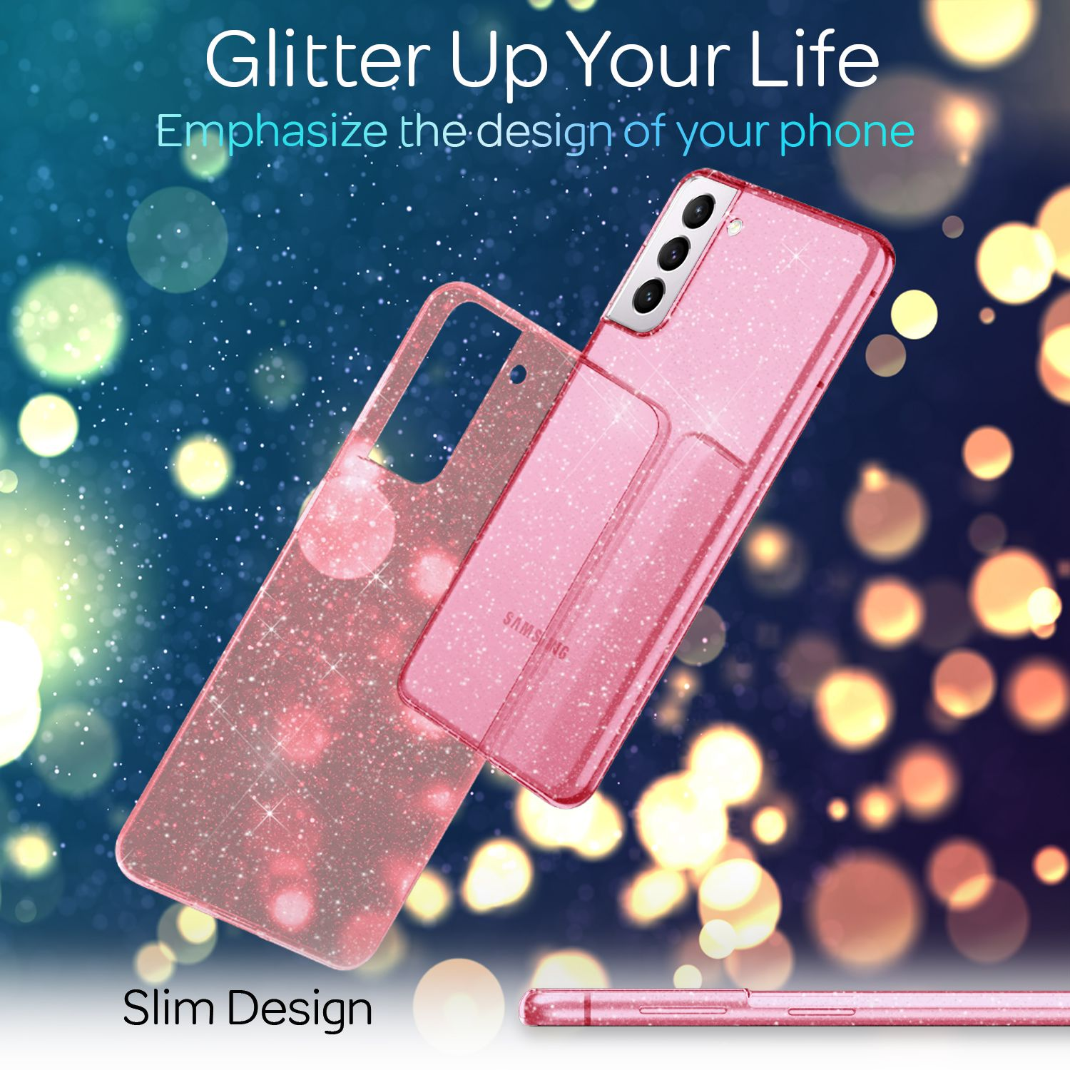 Custodia rosa glitterata per telefono con logo Samsung, design sottile.