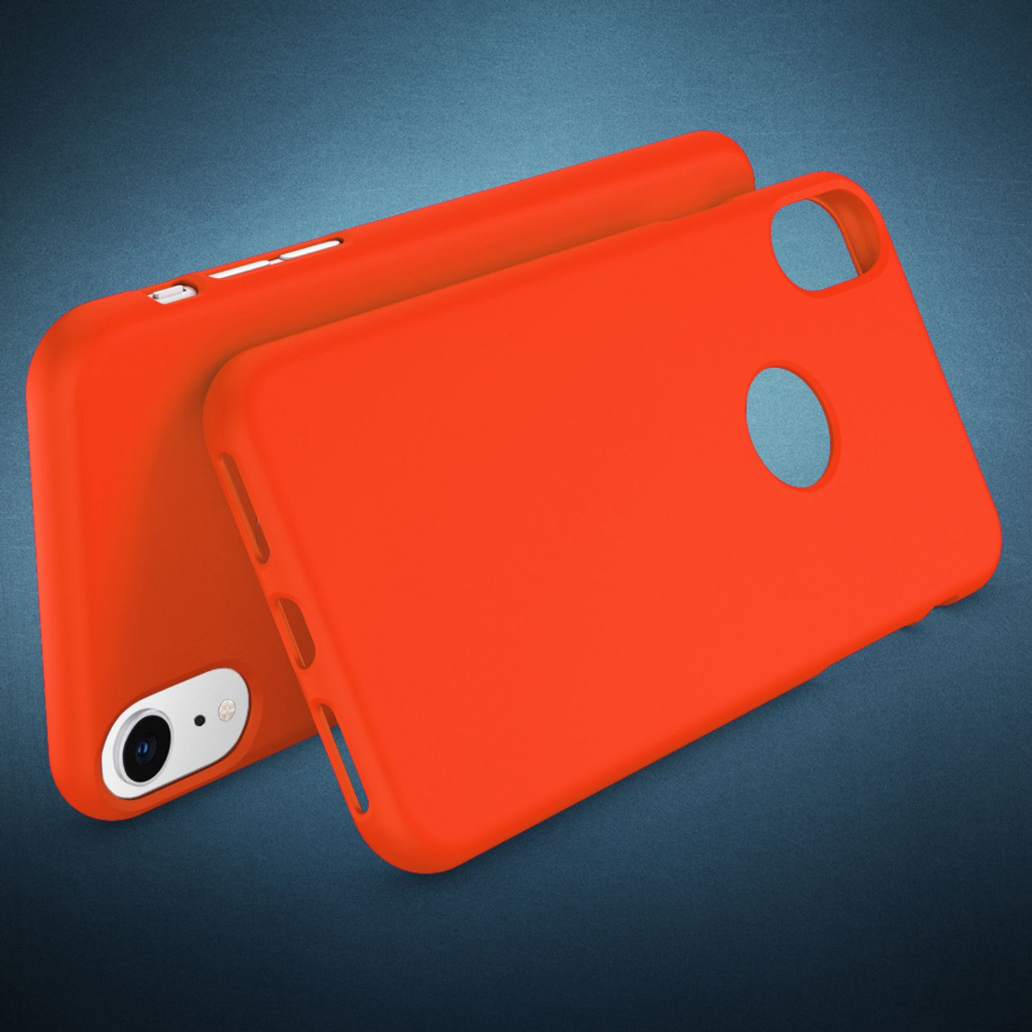 Zwei leuchtend orangefarbene Handyhüllen liegen auf einem dunkelblauen Hintergrund.