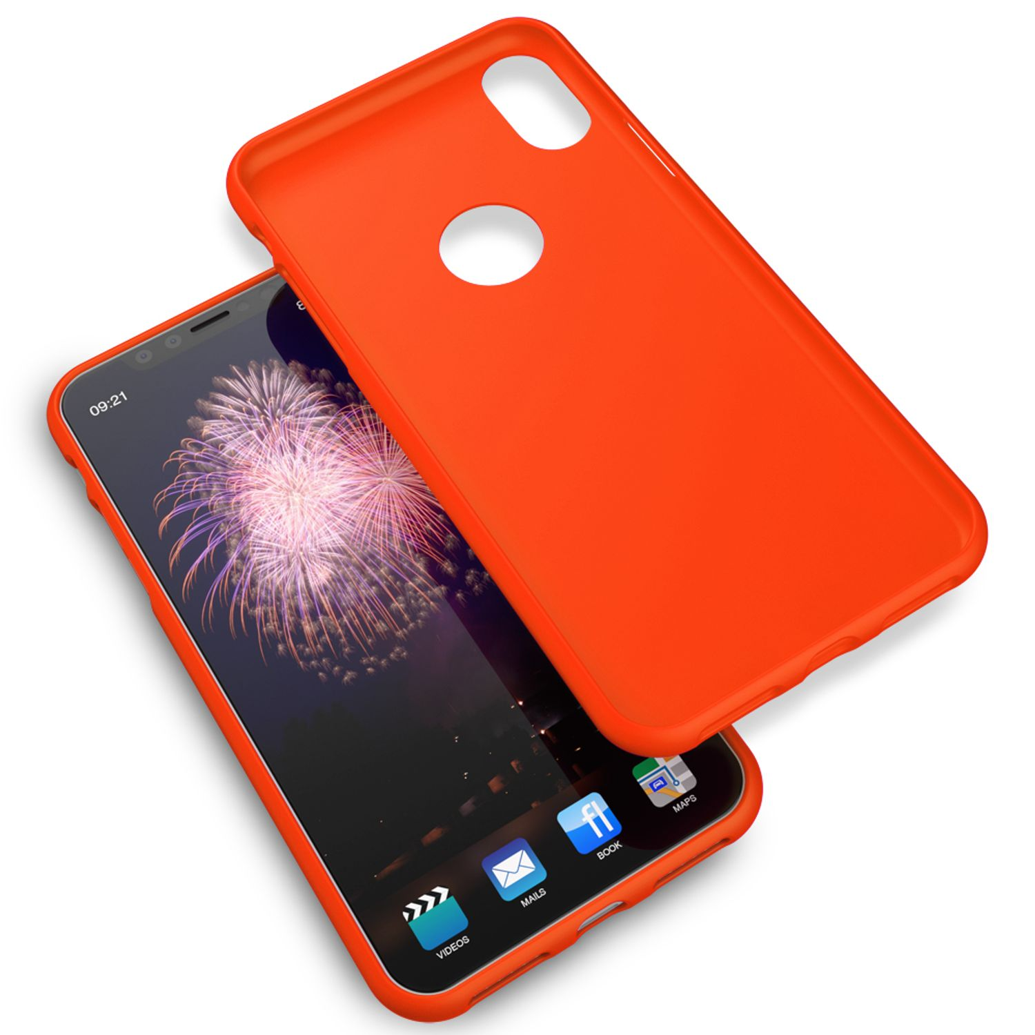 Ein orangefarbenes Smartphone mit einer Feuerwerk-Hintergrundanzeige und einer abnehmbaren Hülle.