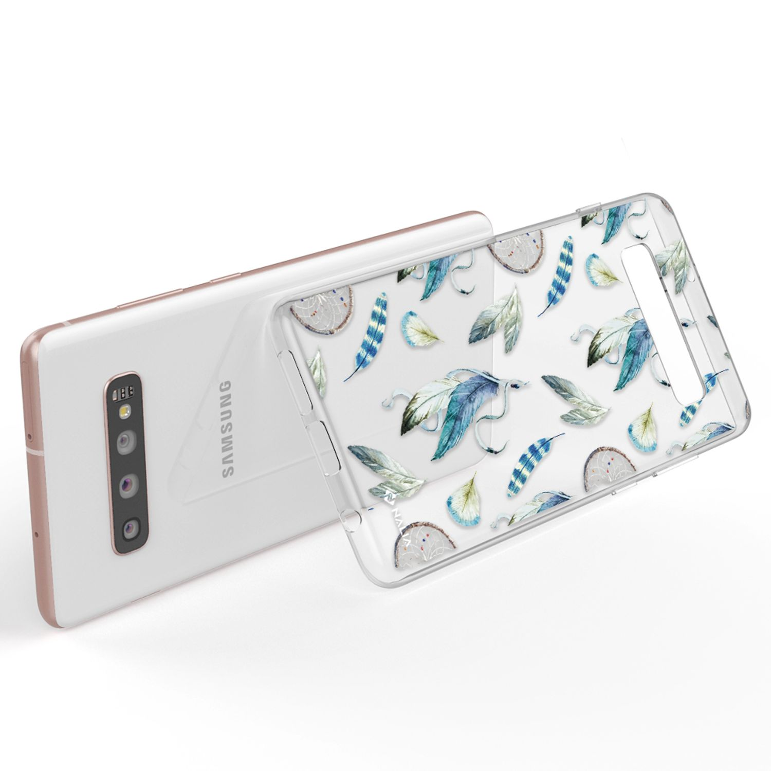 Ein weies Samsung-Smartphone mit einer durchsichtigen Hlle mit Federn.