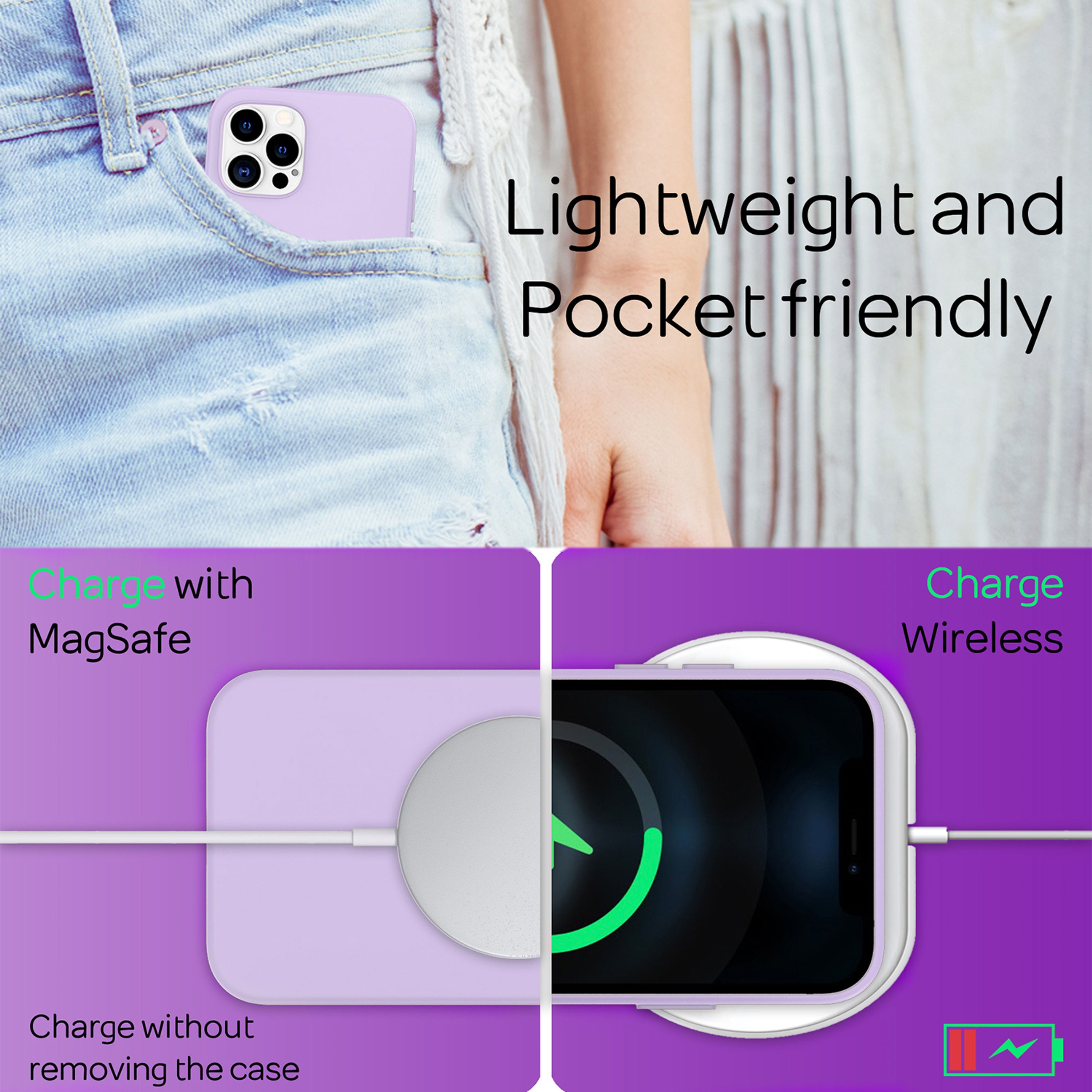 Lavendel iPhone mit MagSafe und kabelloser Ladung.