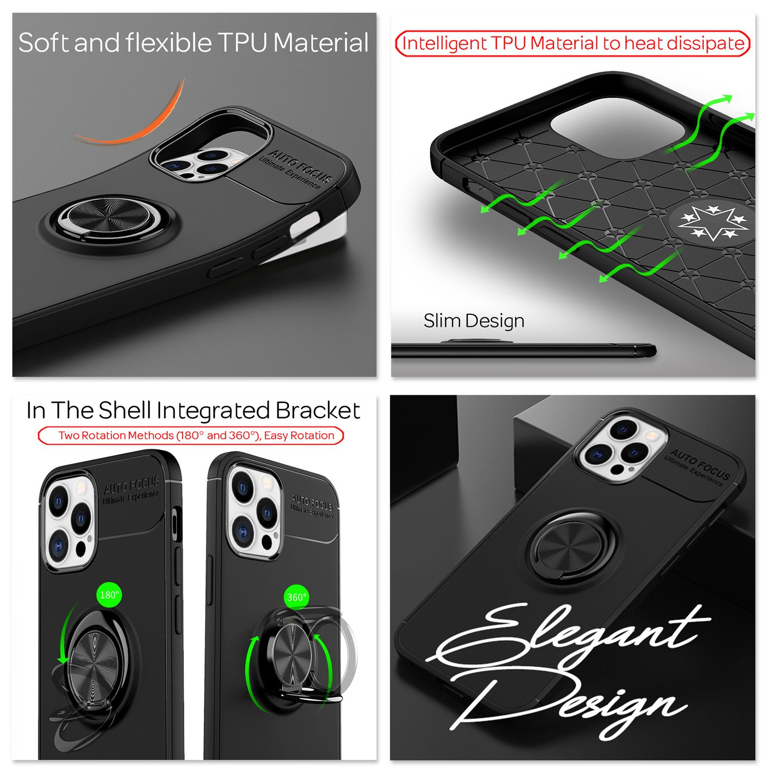 Schwarze Handyhülle mit Ringhalterung, flexiblem TPU und Wärmeableitung.