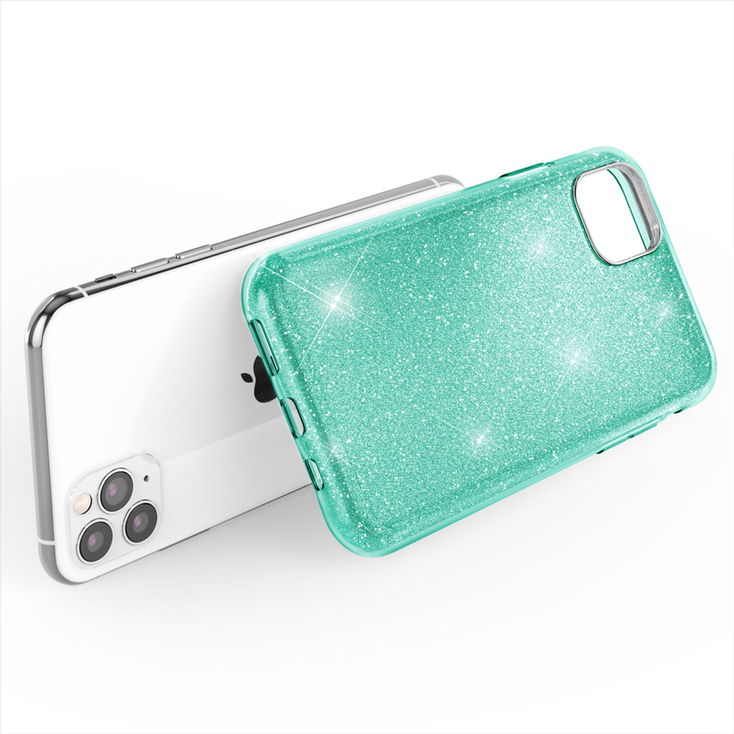 Ein türkisfarbener Glitzer-Handyhülle liegt neben einem weißen Smartphone.