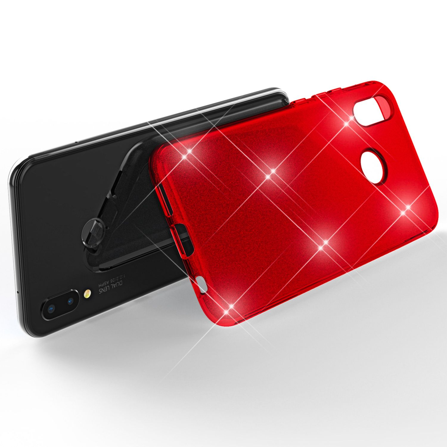Ein rotes Handycover liegt auf einem schwarzen Smartphone mit zwei Kameras.