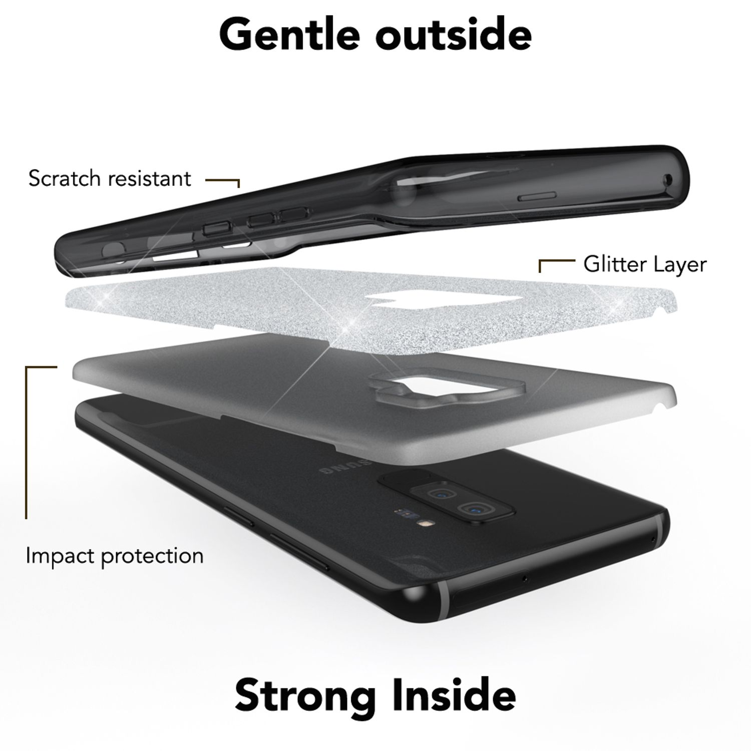 Vista esplosa di una custodia per telefono con strato glitterato e protezione antiurto.