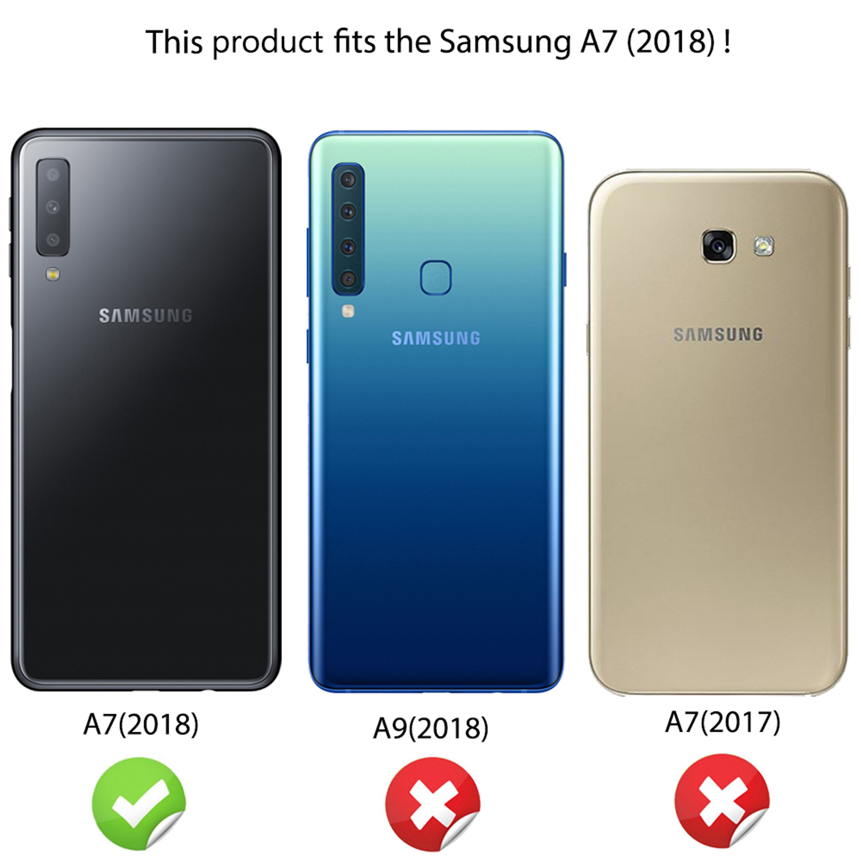 Drei Samsung-Handys: Schwarz A7(2018), Blau A9(2018), Gold A7(2017).