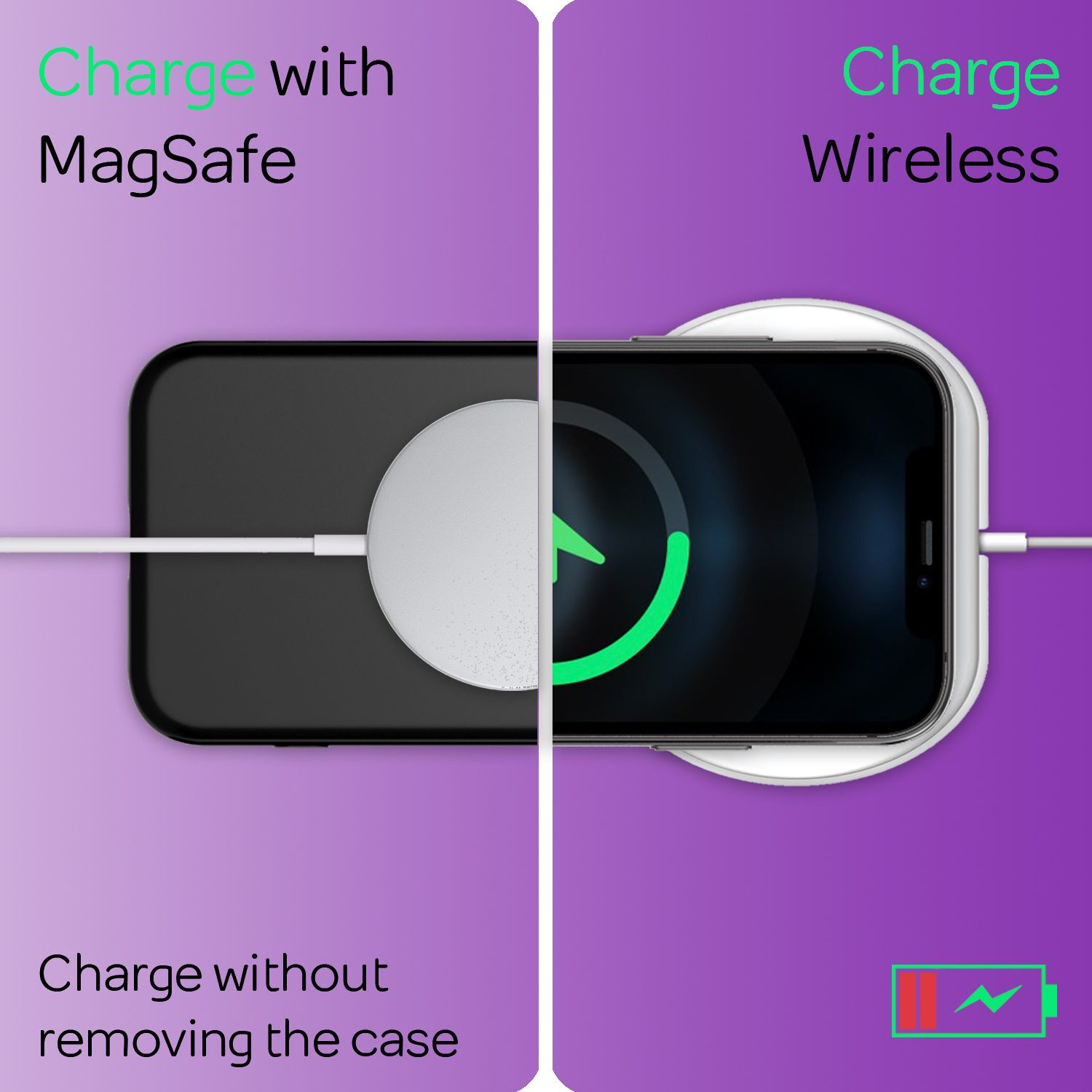 Un iPhone viene mostrato in carica con MagSafe e wireless.