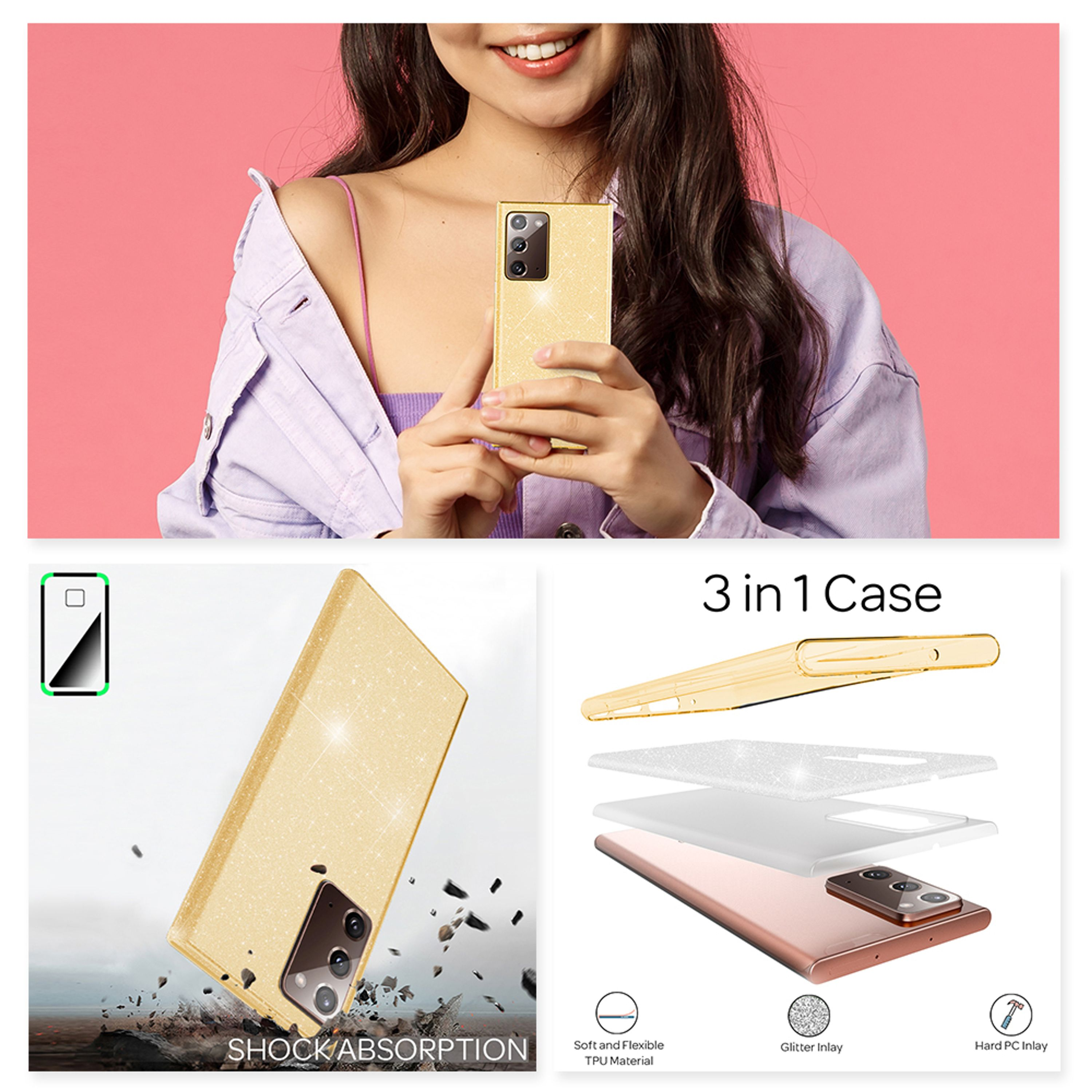 Goldener Handyhülle-Set mit Glitzer, TPU- und Hart-PC-Inlays