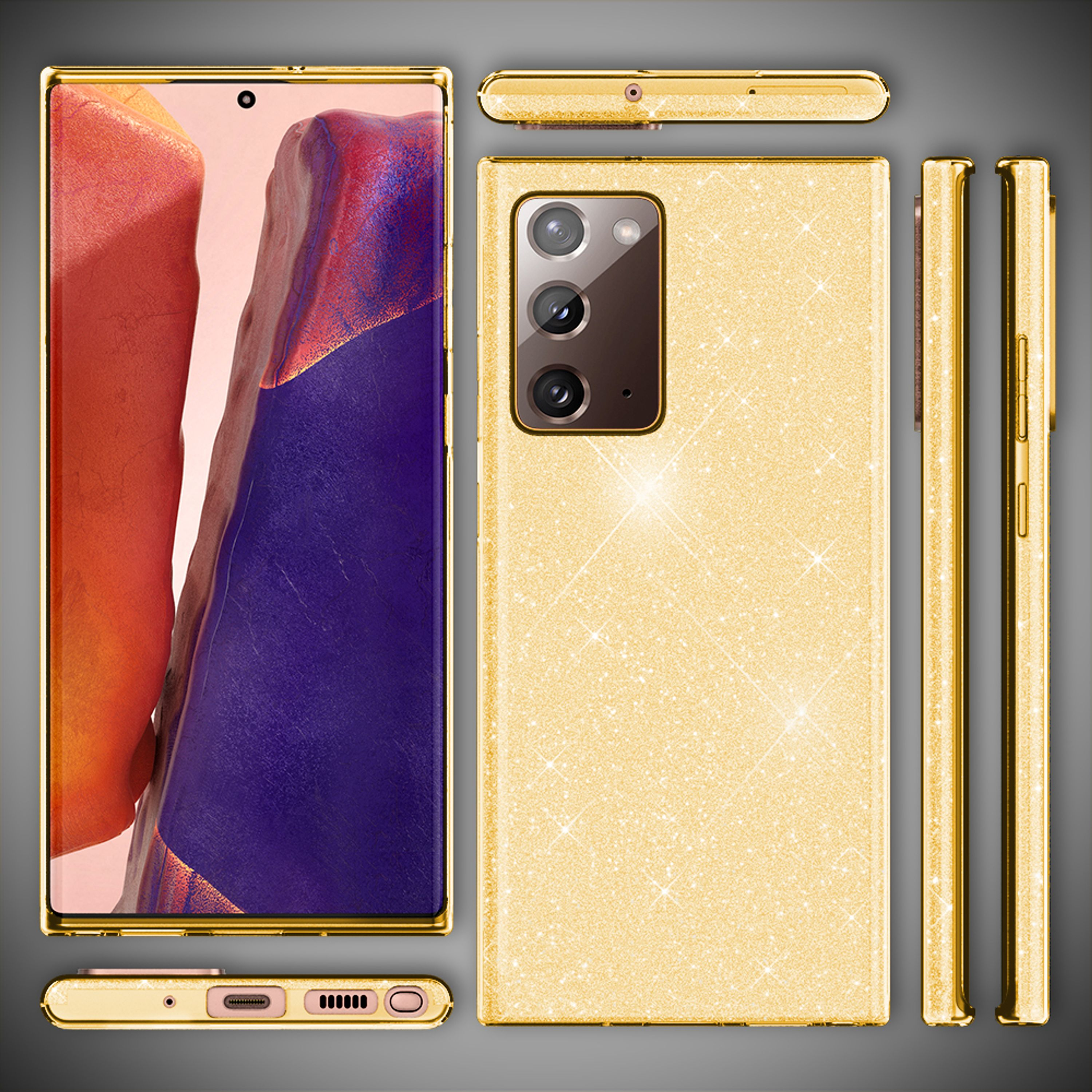 Goldfarbenes Handy mit Glitzerhülle, verschiedene Ansichten und Kamera.