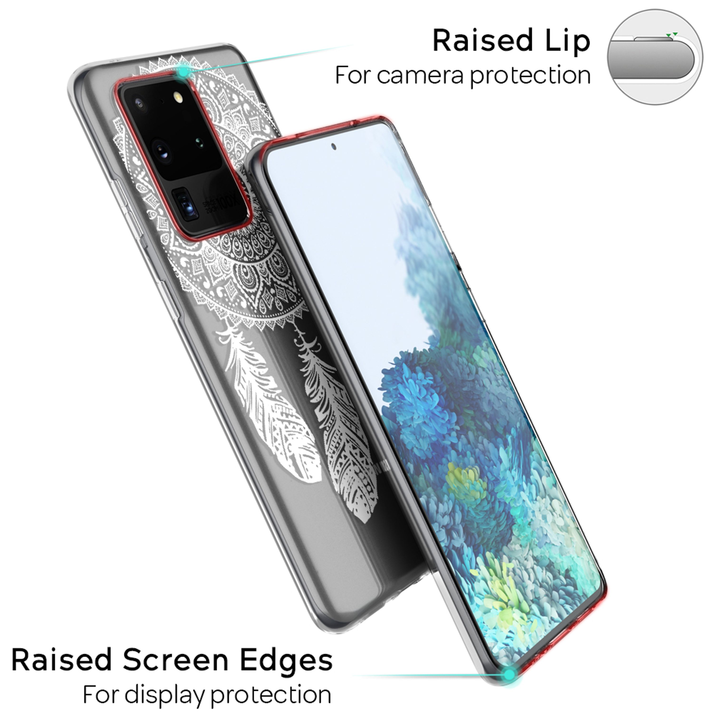 Ein transparentes Handyhülle mit Feder-Muster auf einem Smartphone mit blauem Hintergrund.