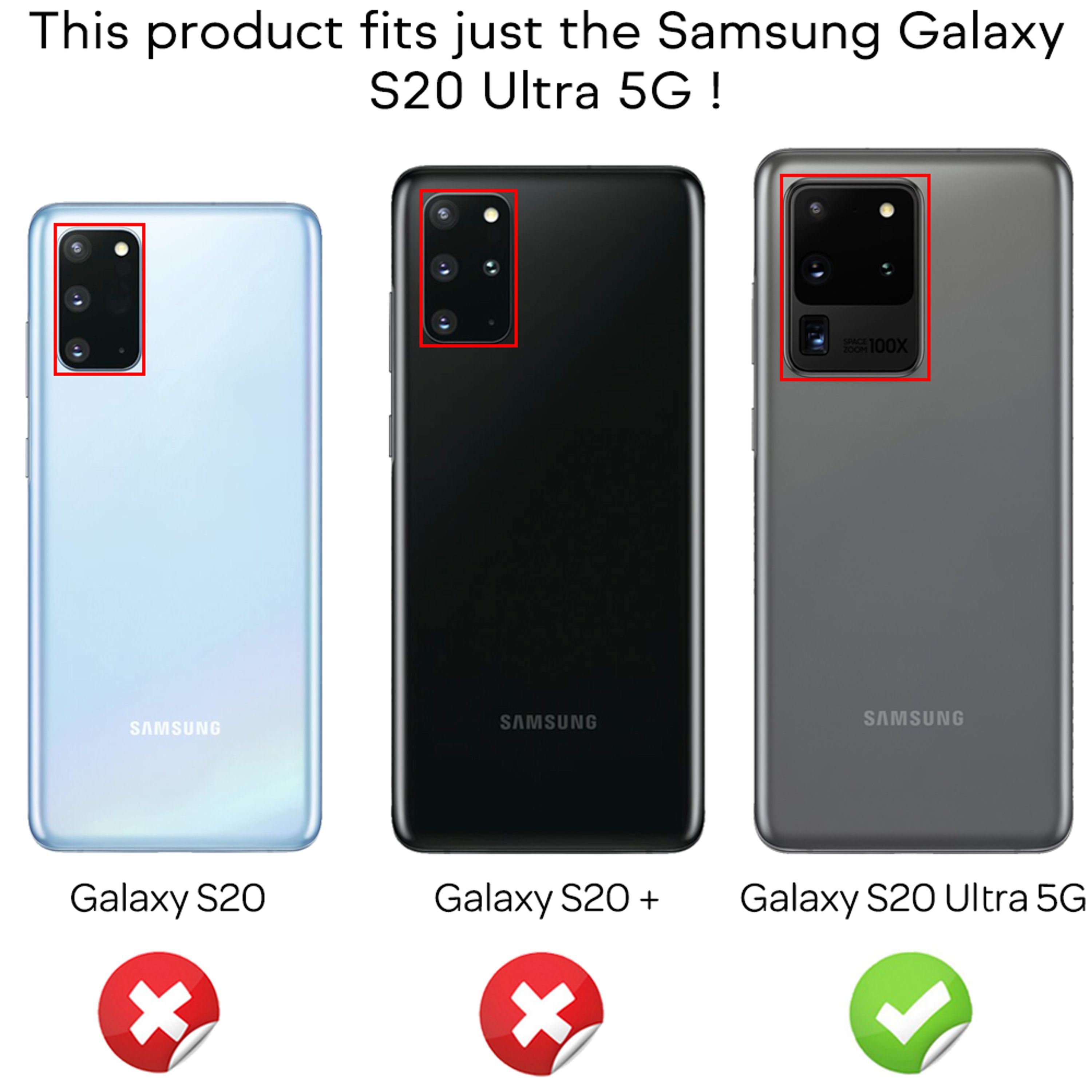 Drei Samsung Handys: S20, S20+, S20 Ultra 5G. Rote Kreuze, grüner Haken.