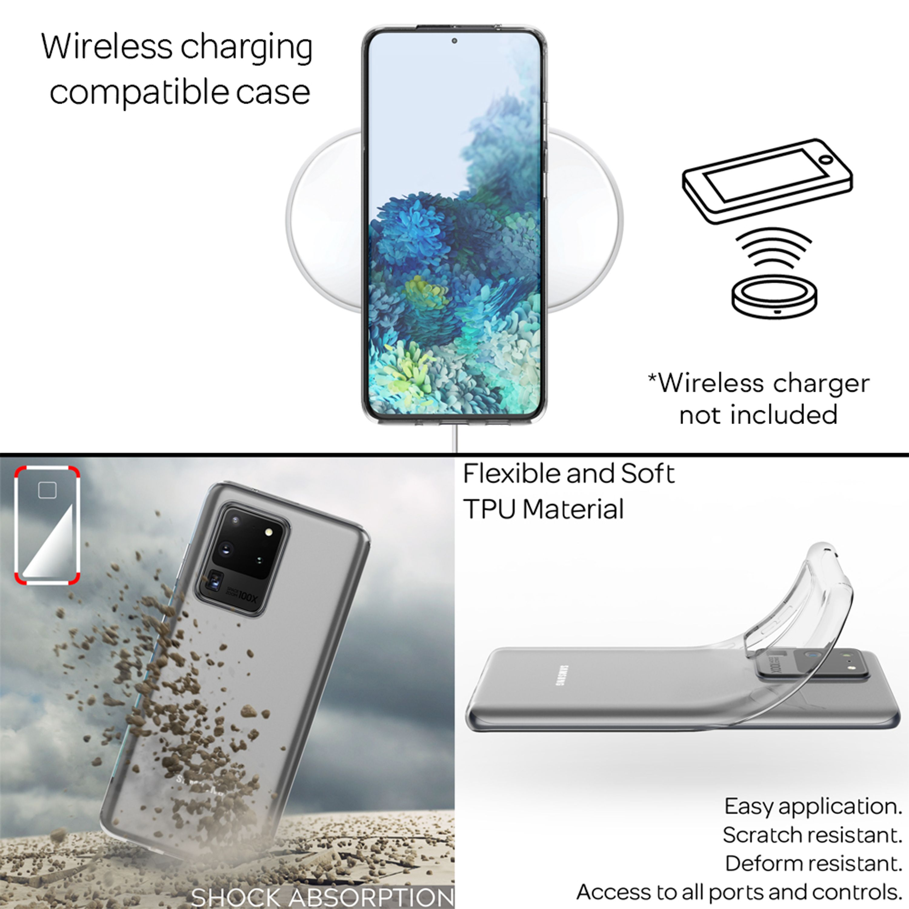 Klare Handyhülle mit Handy, kabellosem Laden und Sturzschutz.