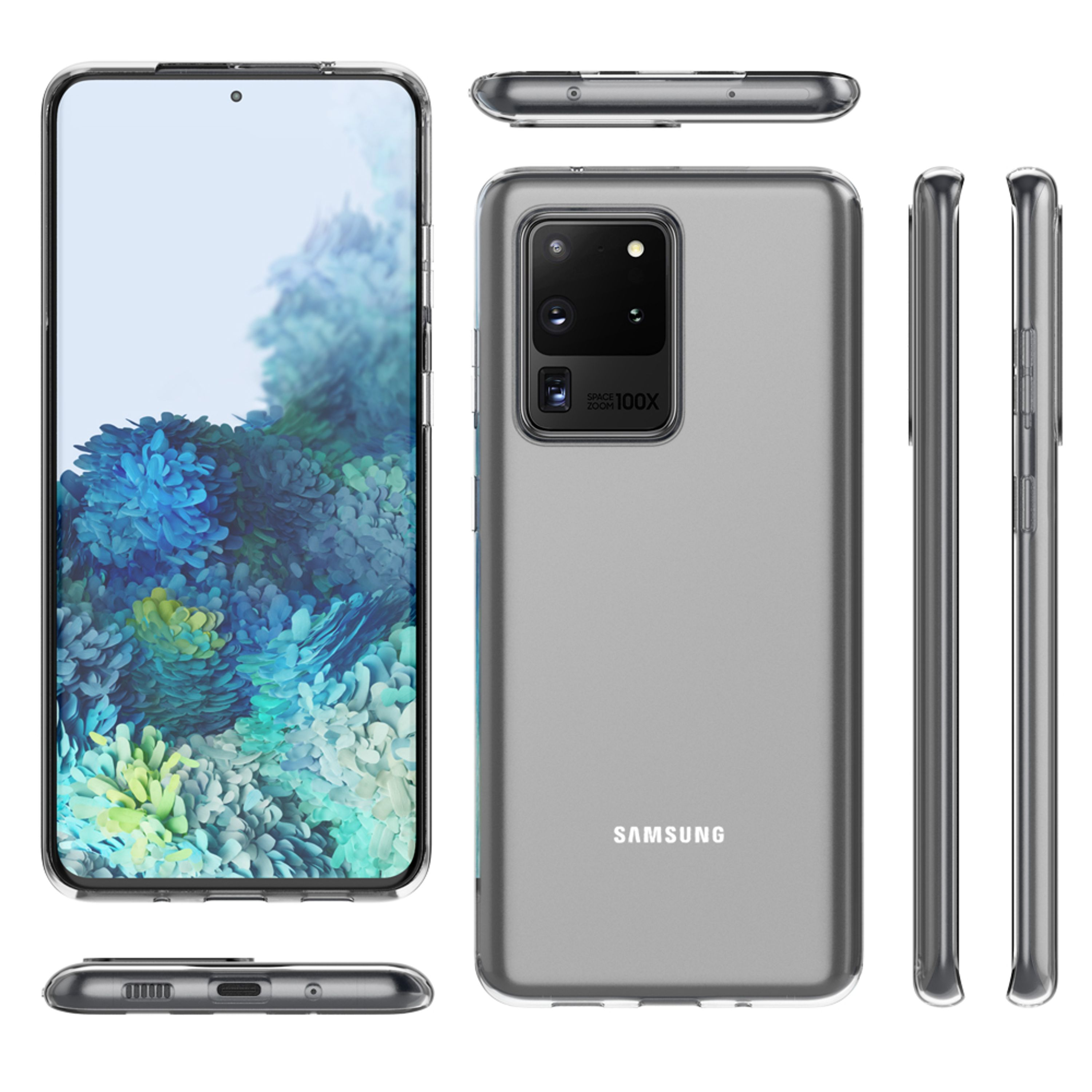 Ein durchsichtiges Smartphone mit vier Ansichten: Vorderseite, Rückseite, Oberseite und Seiten.