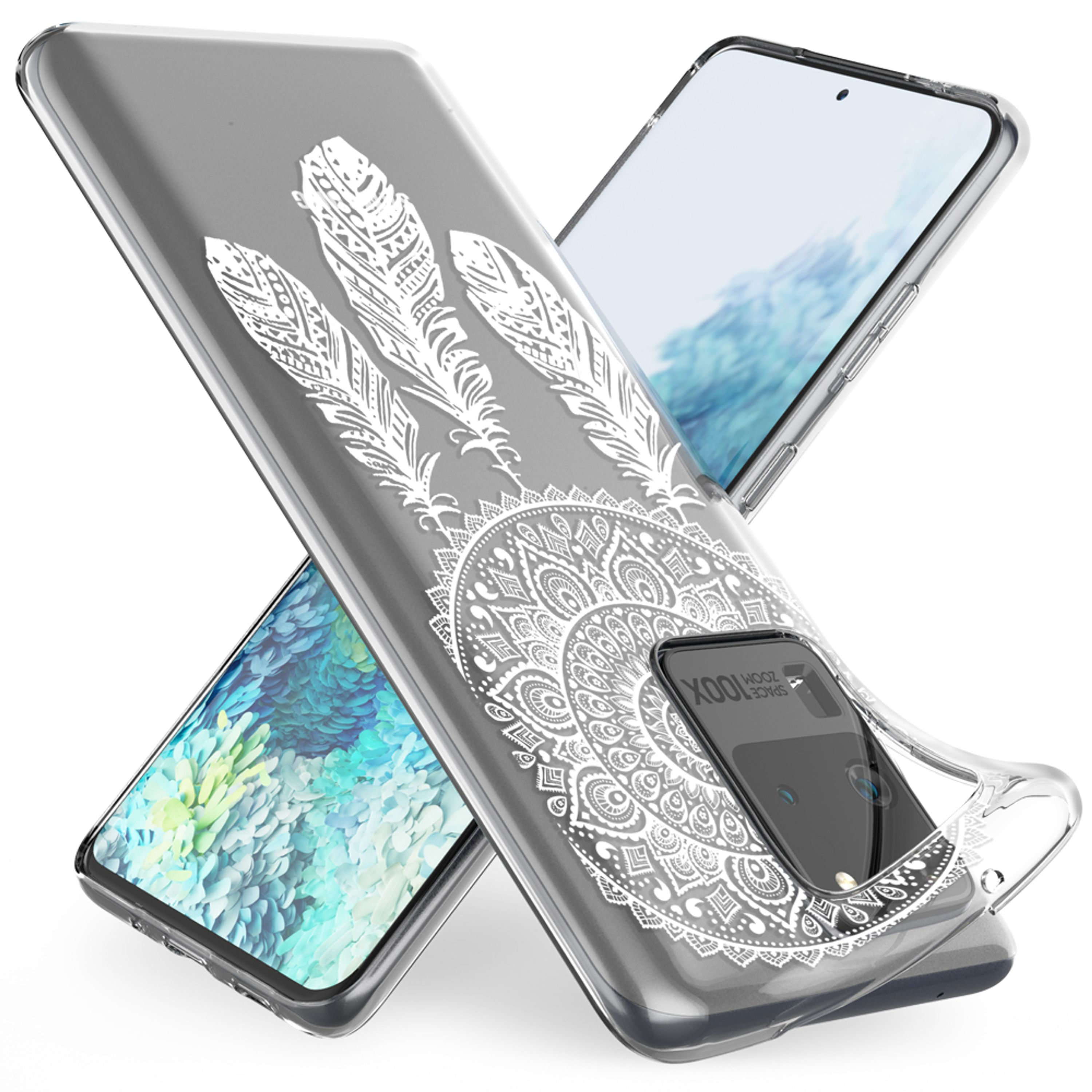 Transparente Handyhülle mit weißem Feder- und Mandala-Design auf zwei Handys.