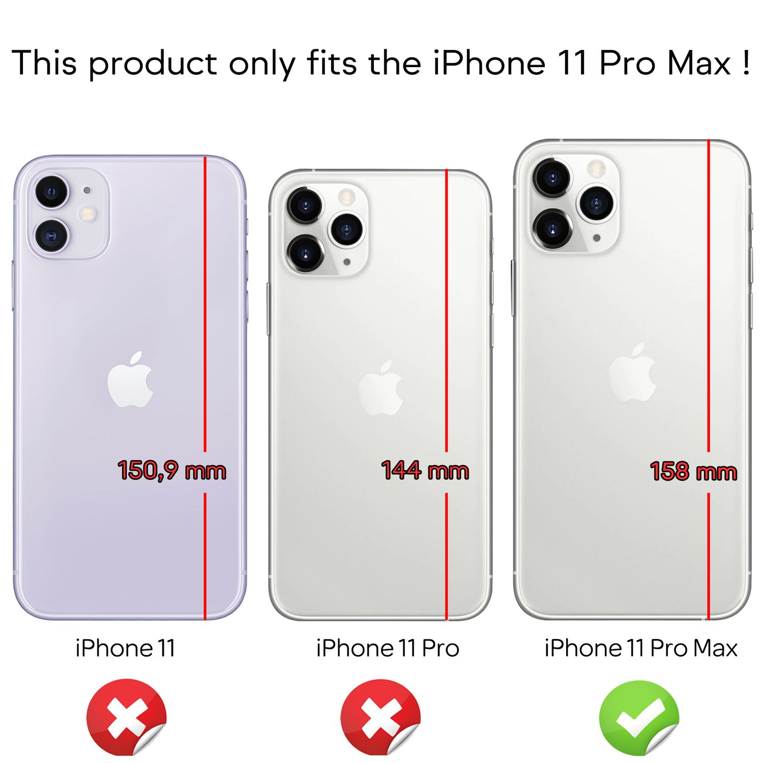Confronto dimensioni iPhone: 11 (150,9 mm), 11 Pro (144 mm) e 11 Pro Max (158 mm).