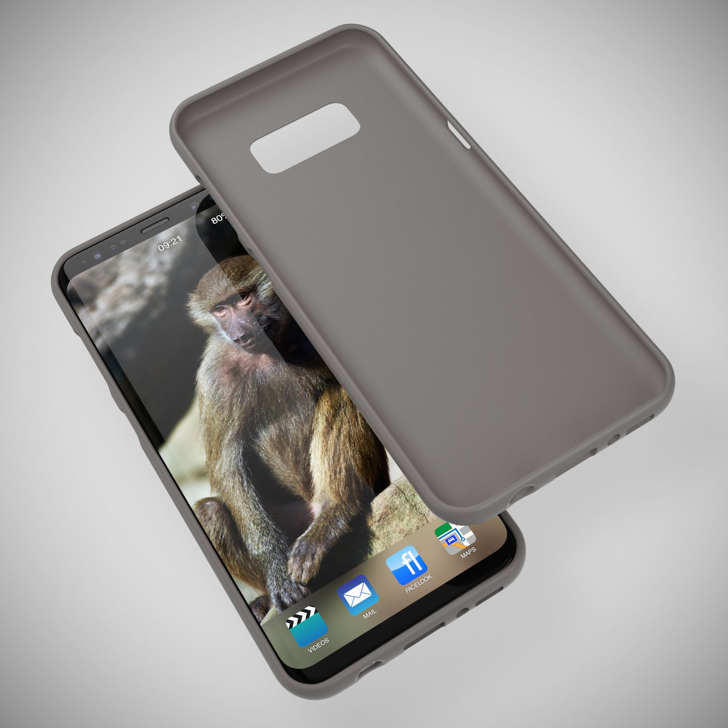 Graue Handyhülle auf einem Smartphone mit Baboon-Anzeige. Sichtbare Symbole: Videos, Mail, Facebook, Maps.