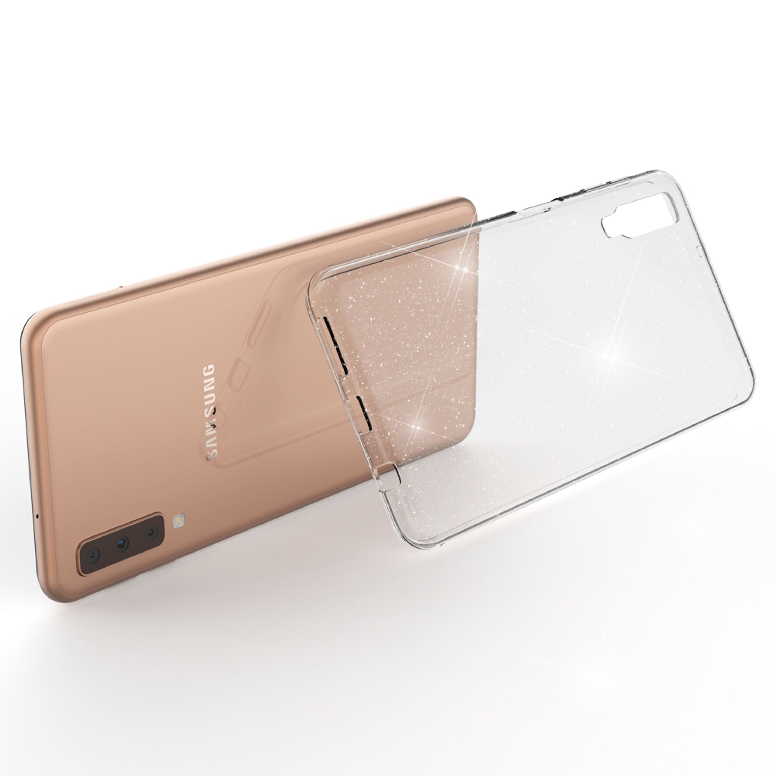 Ein bronzefarbenes Samsung-Smartphone liegt neben einer durchsichtigen Hülle mit Glitzer.