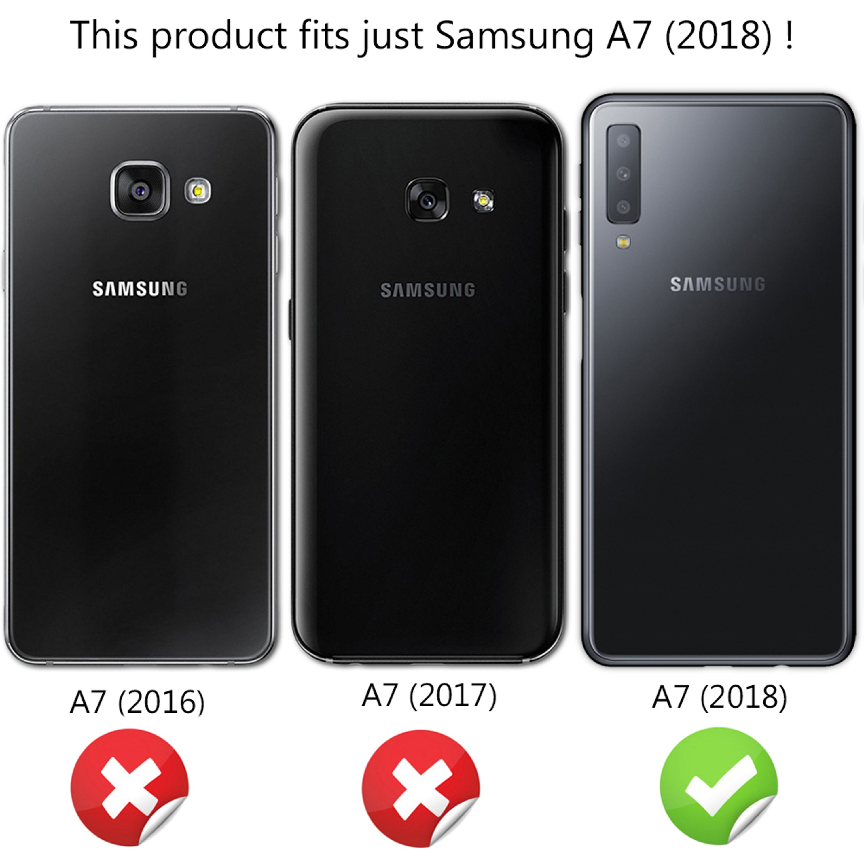 Drei Samsung A7 Smartphones (2016, 2017, 2018) mit roten Kreuzen und einem grünen Haken.