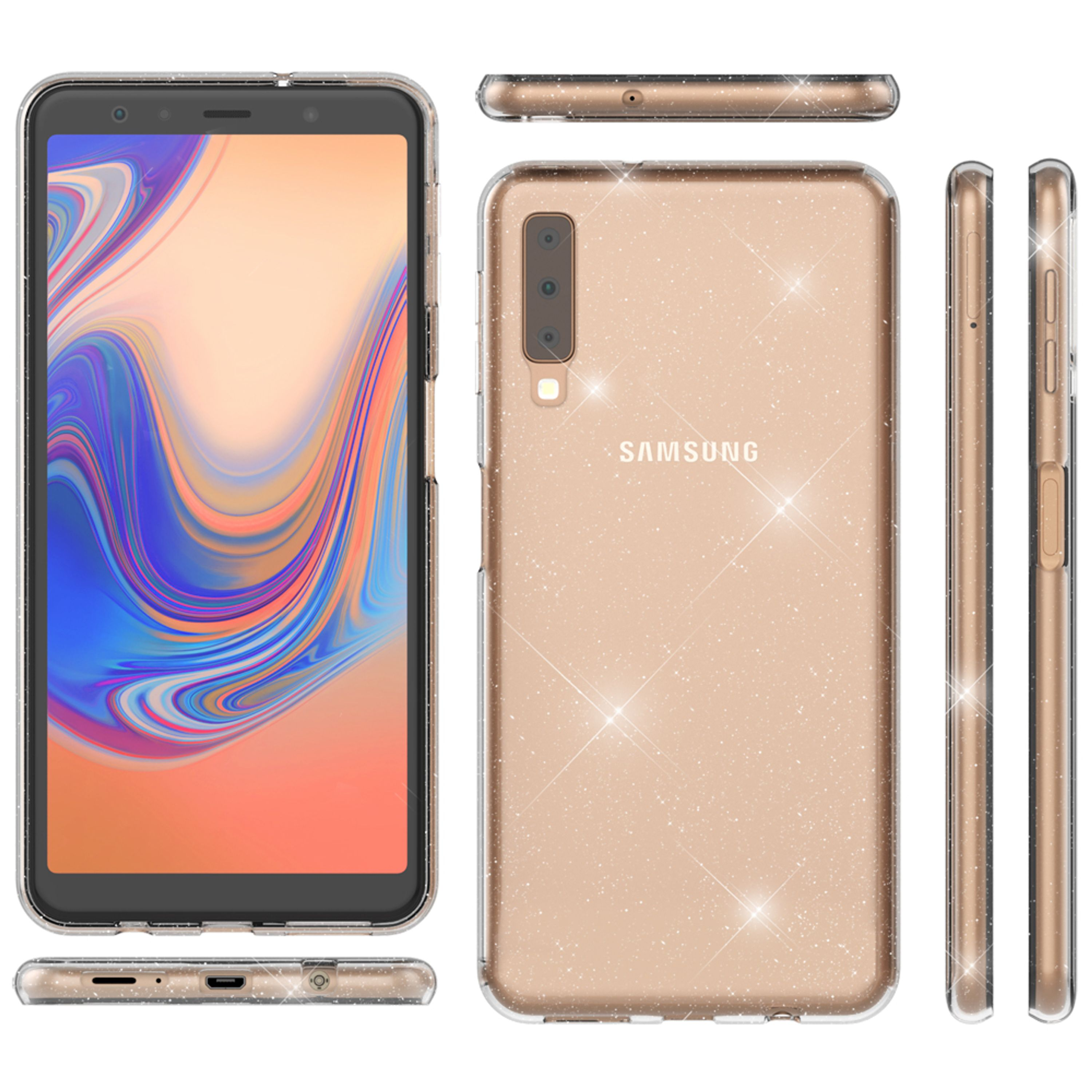 Ein glitzernder, champagnerfarbener Samsung-Handyhülle, von vorne, hinten und den Seiten.