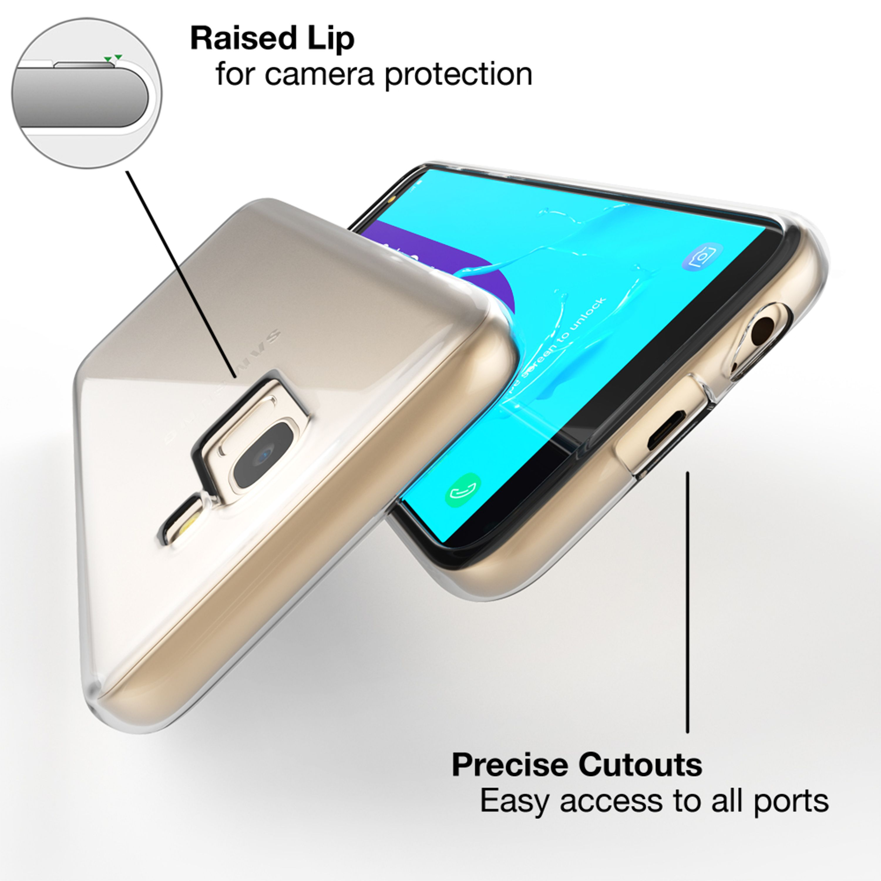 Transparente Hülle mit goldenem Rand auf einem Smartphone mit blauem Bildschirm.