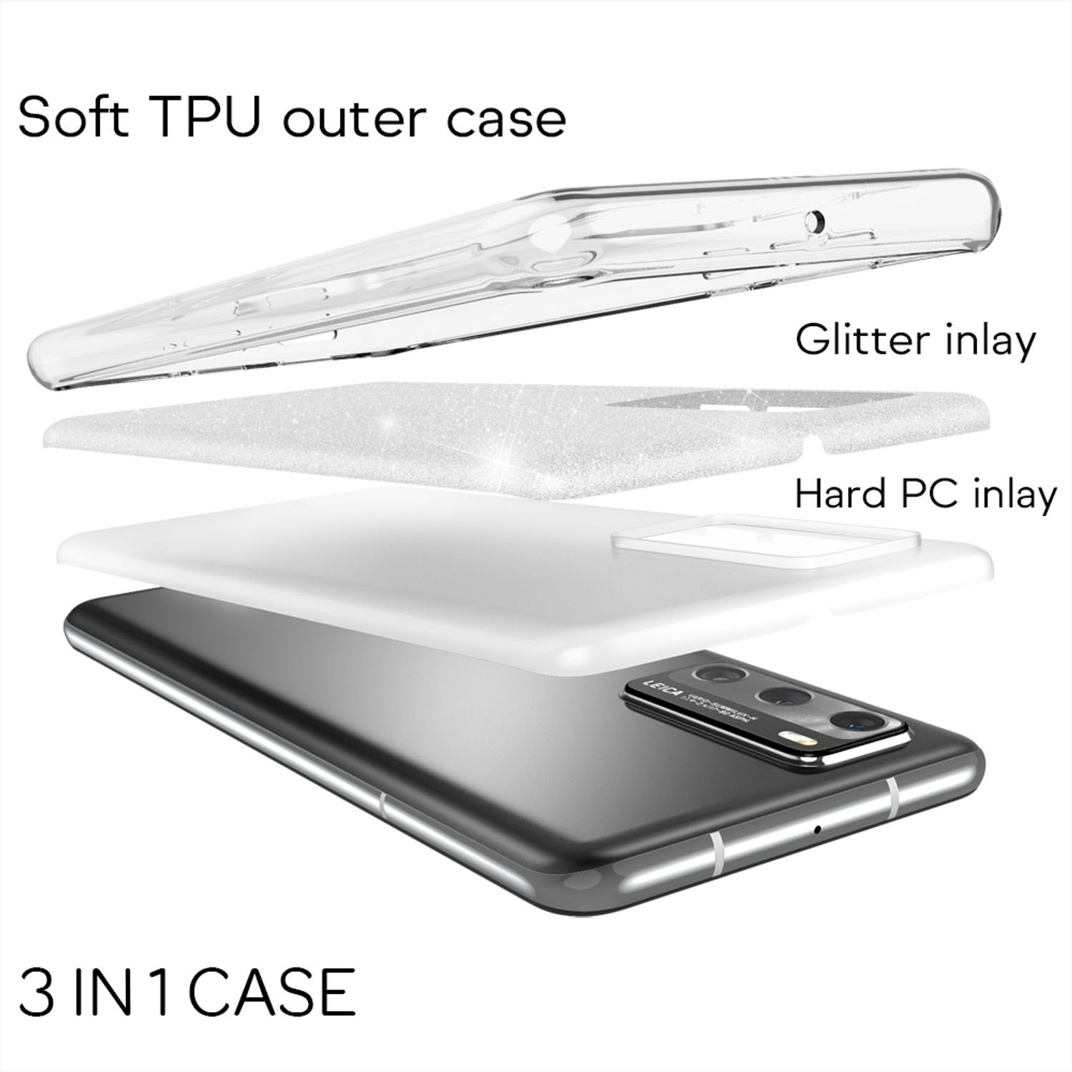 Schwarzes Handy mit 3-teiliger Schutzhülle: TPU, Glitzer und Hart-PC.