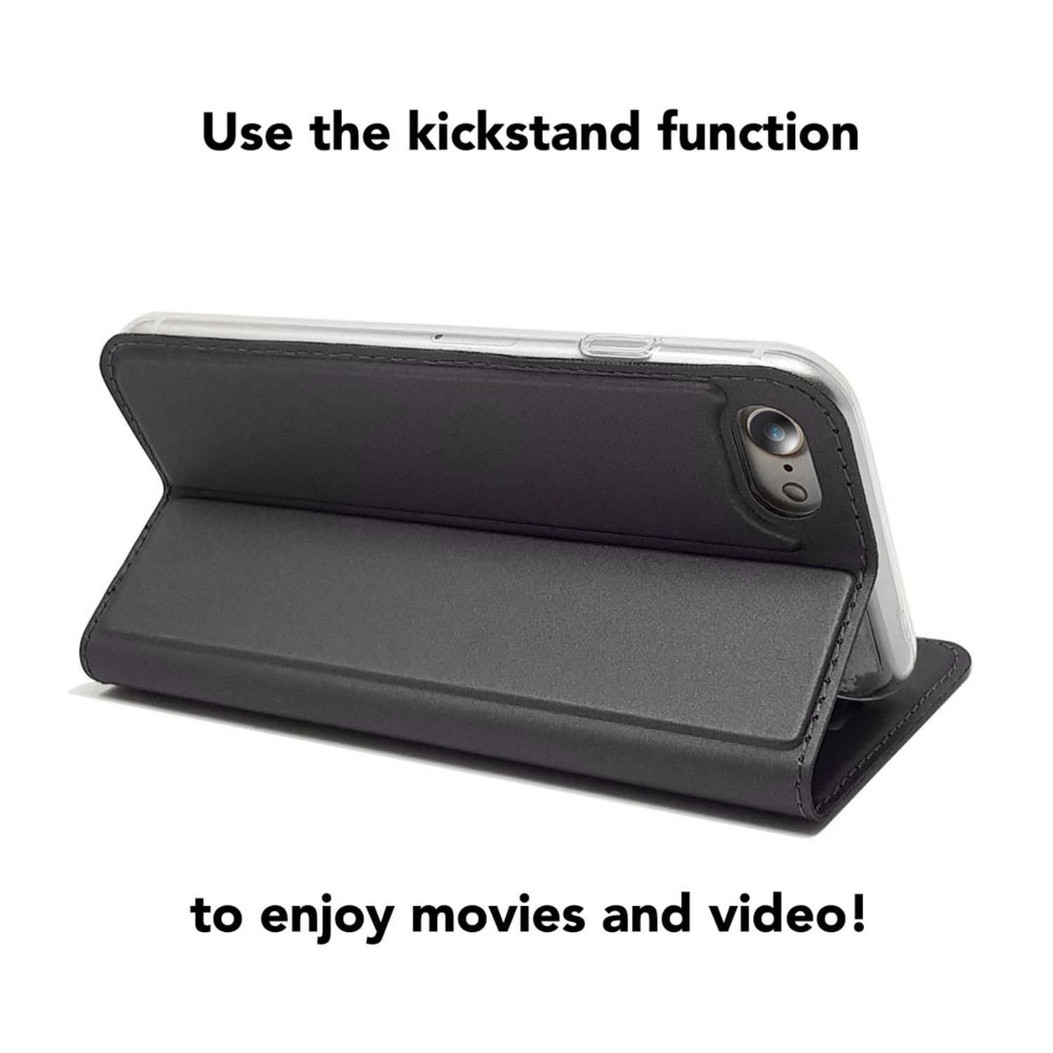 Ein schwarzes Handy mit aufgestellter Hülle, um Filme anzusehen.
