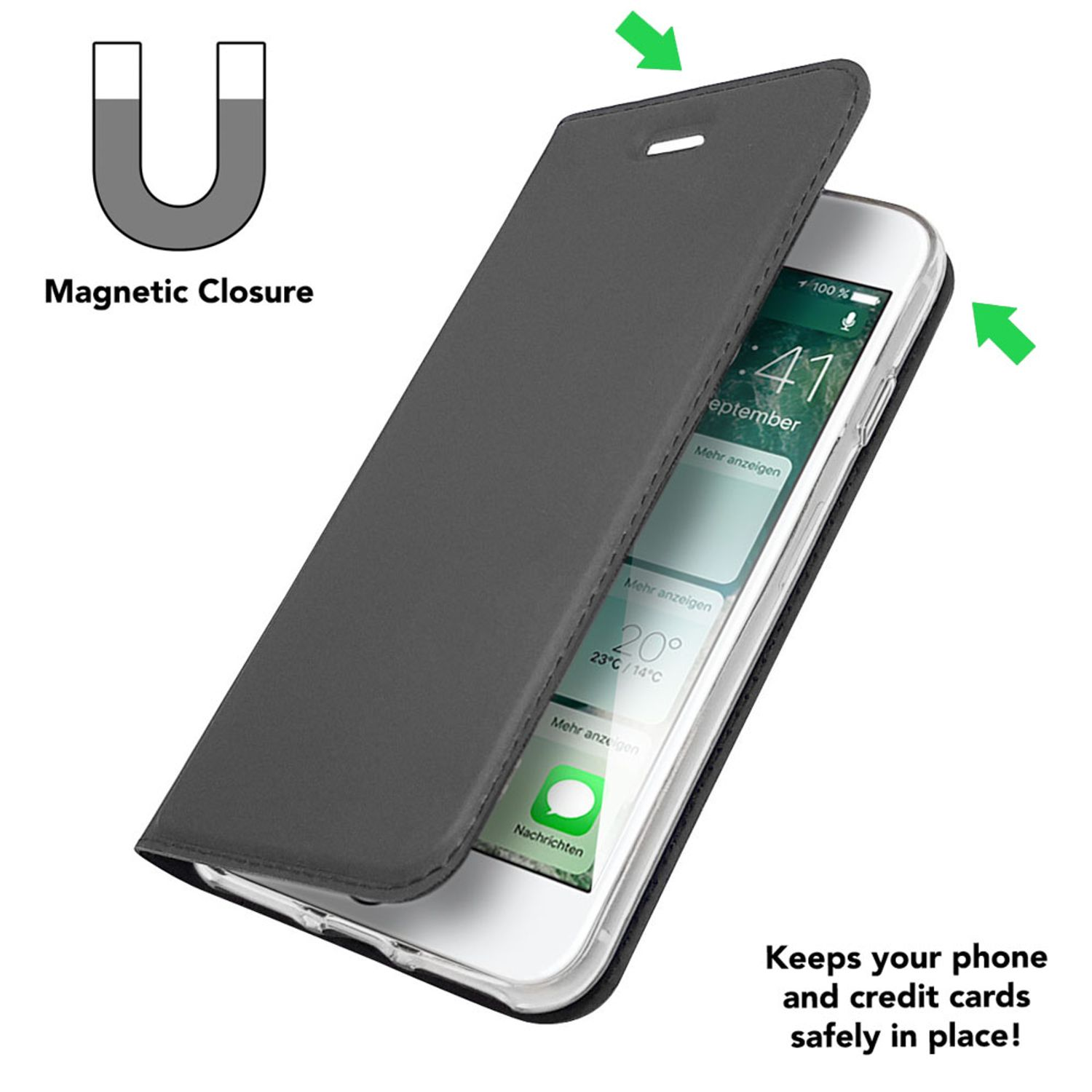 Graues Handy-Flipcase mit Magnetverschluss öffnet sich, zeigt Handy-Display.