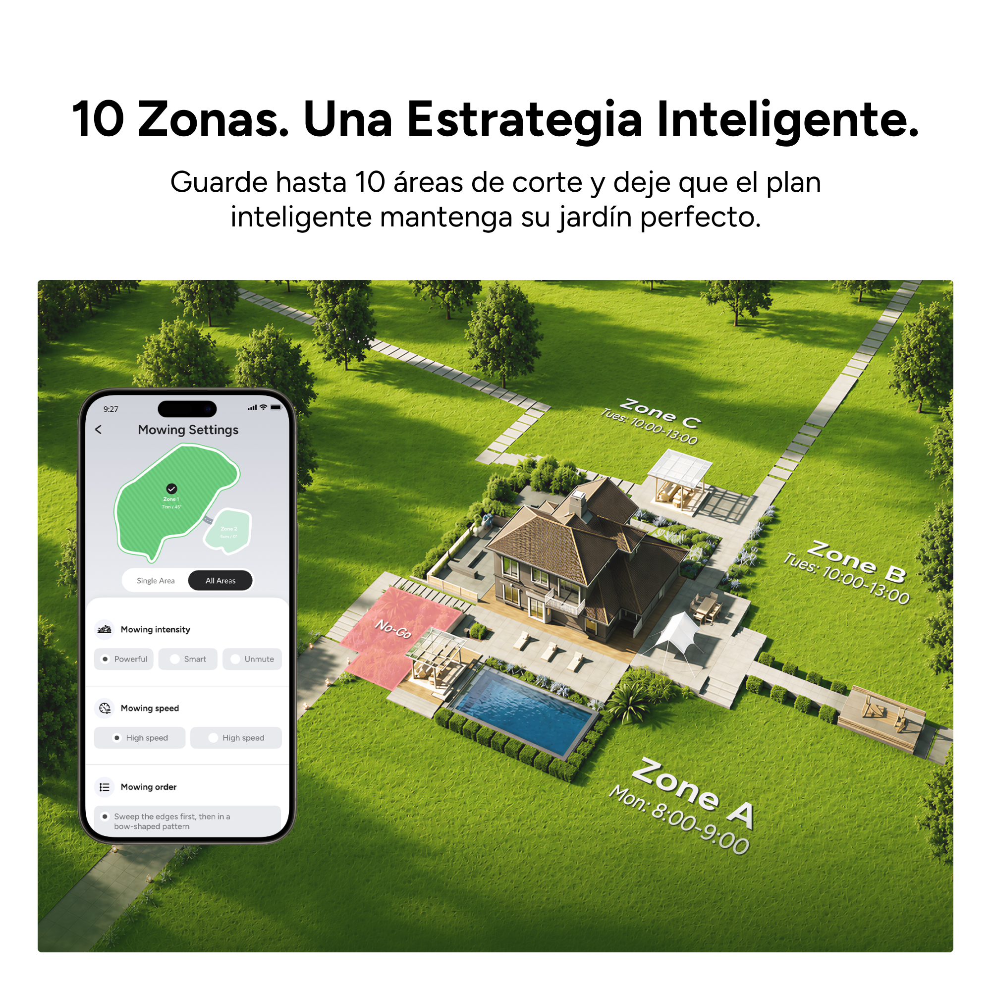 Un smartphone muestra ajustes de corte para zonas de un jardín con casa, piscina y césped.