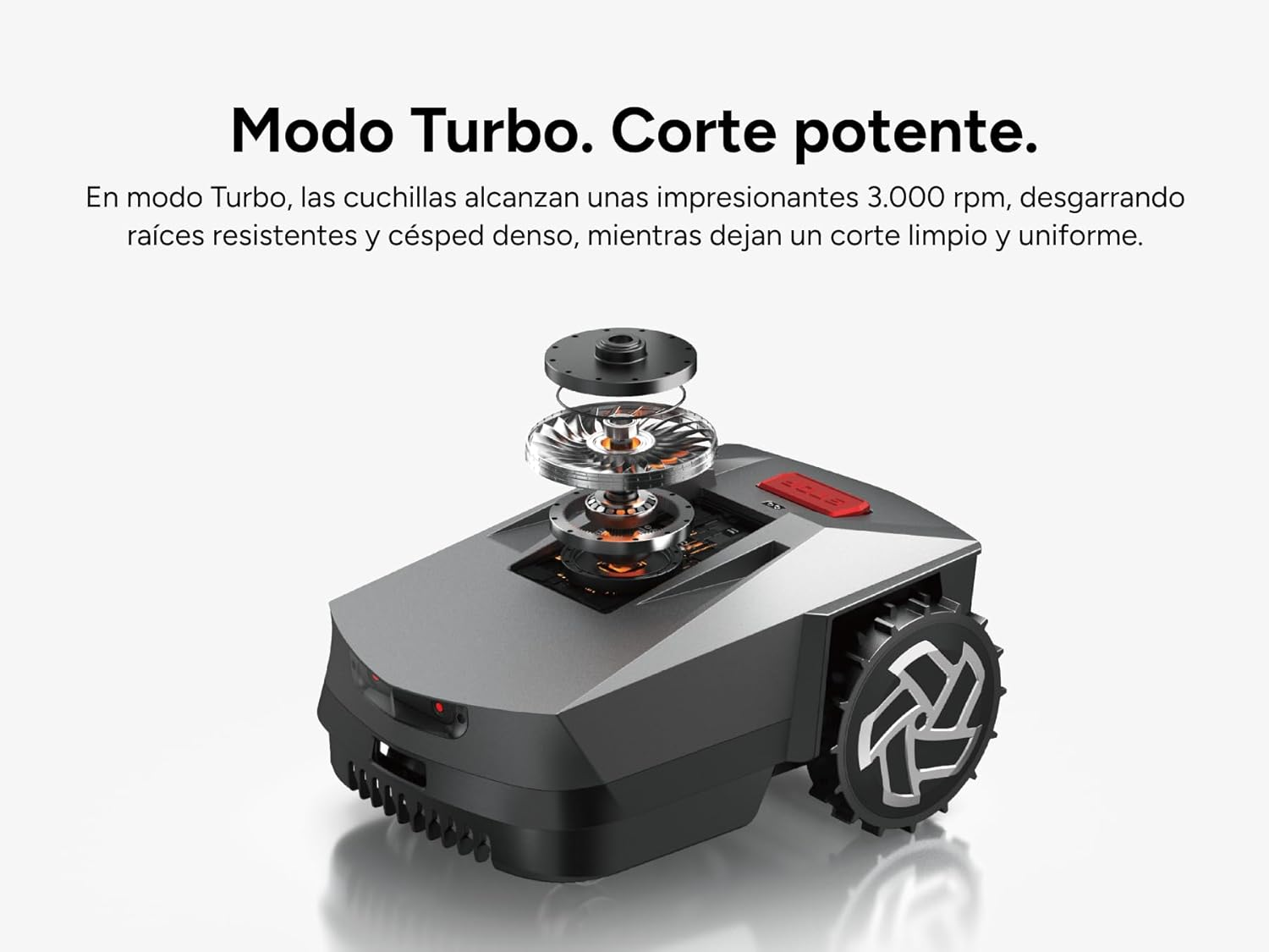 Un cortacésped robot moderno con cuchillas expuestas y una rueda.