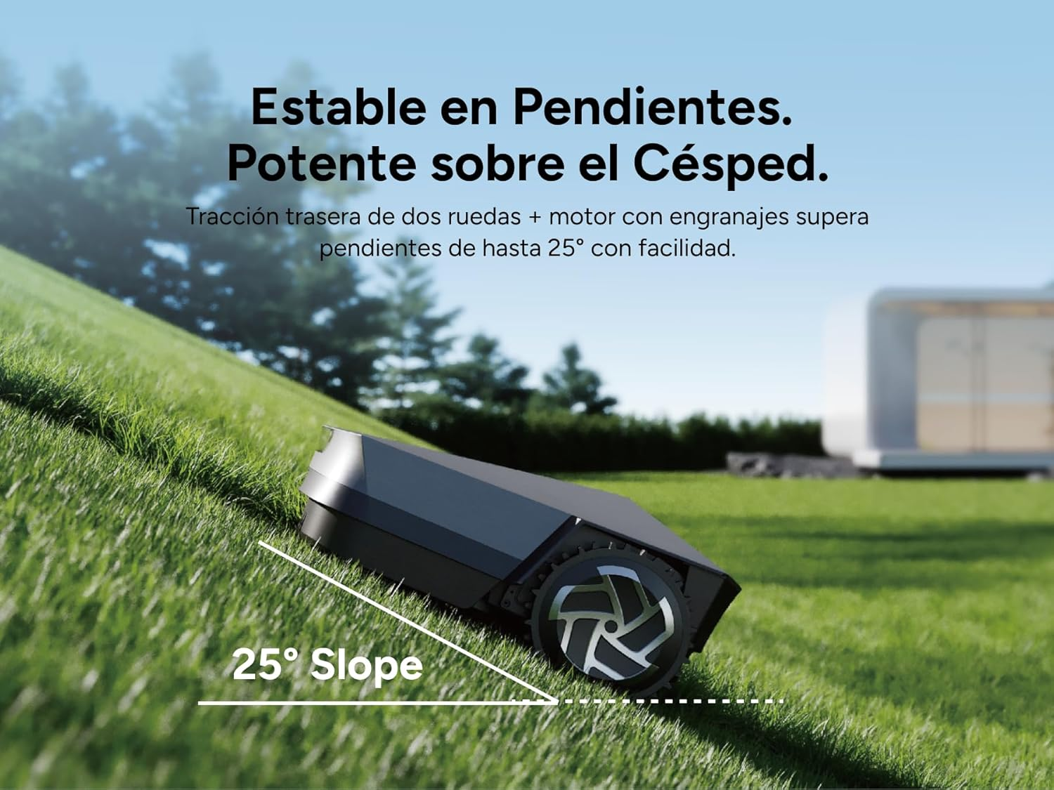 Un robot cortacésped sube una pendiente de césped marcada en 25°.