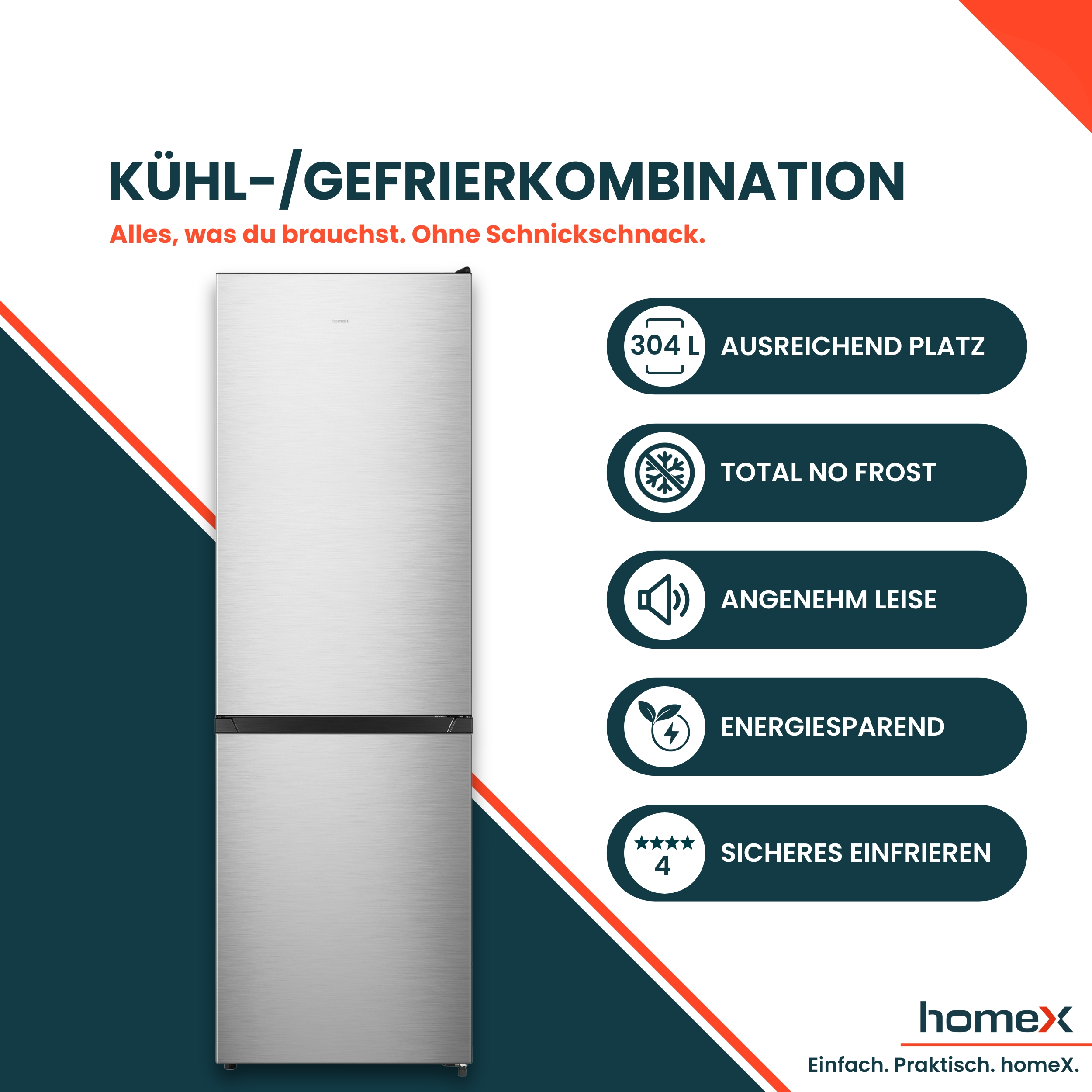 Kühlschrank mit Gefrierfach, 304L, No Frost, leise, energiesparend.