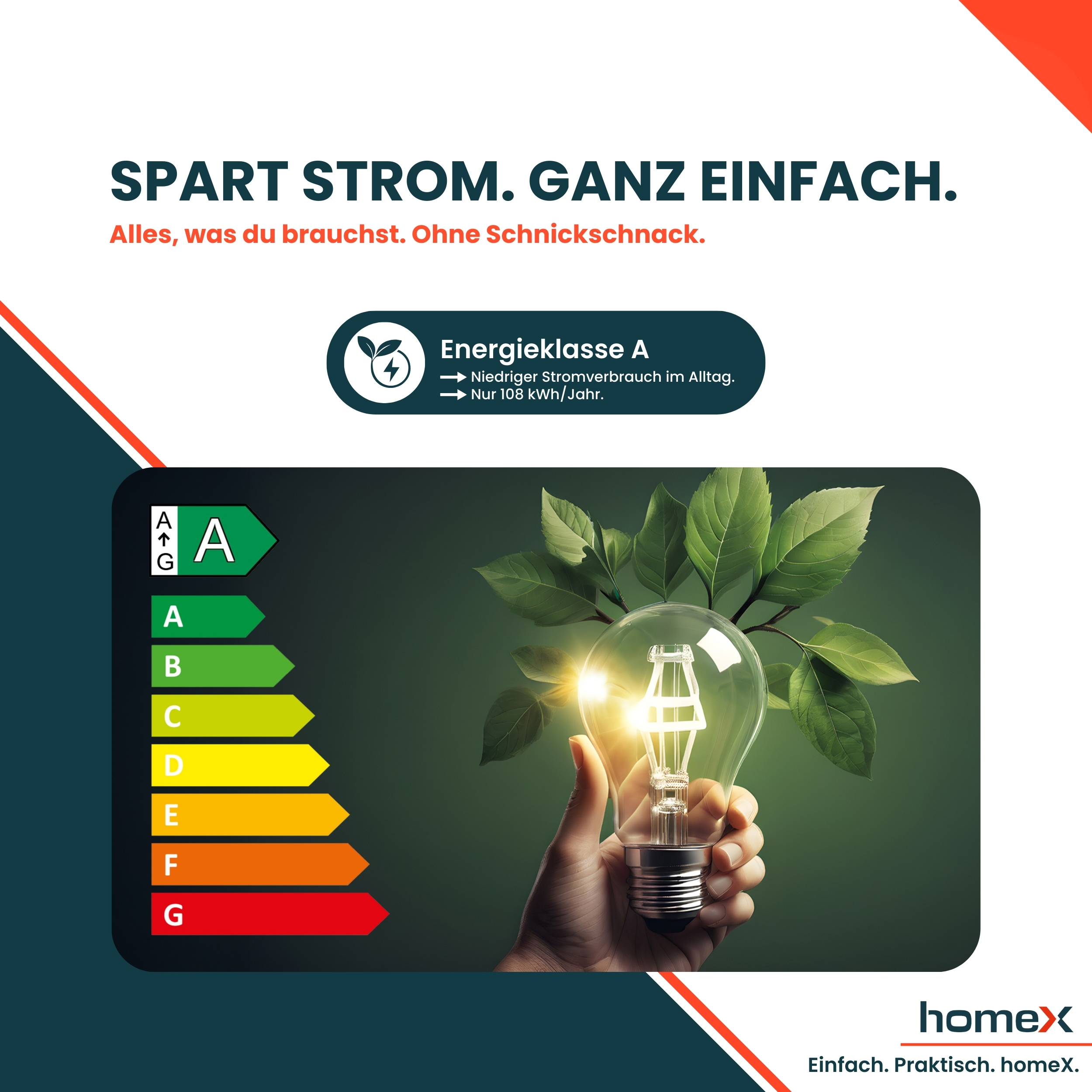 Hand hält Glühbirne, Energieeffizienzklasse A auf dunklem Hintergrund.