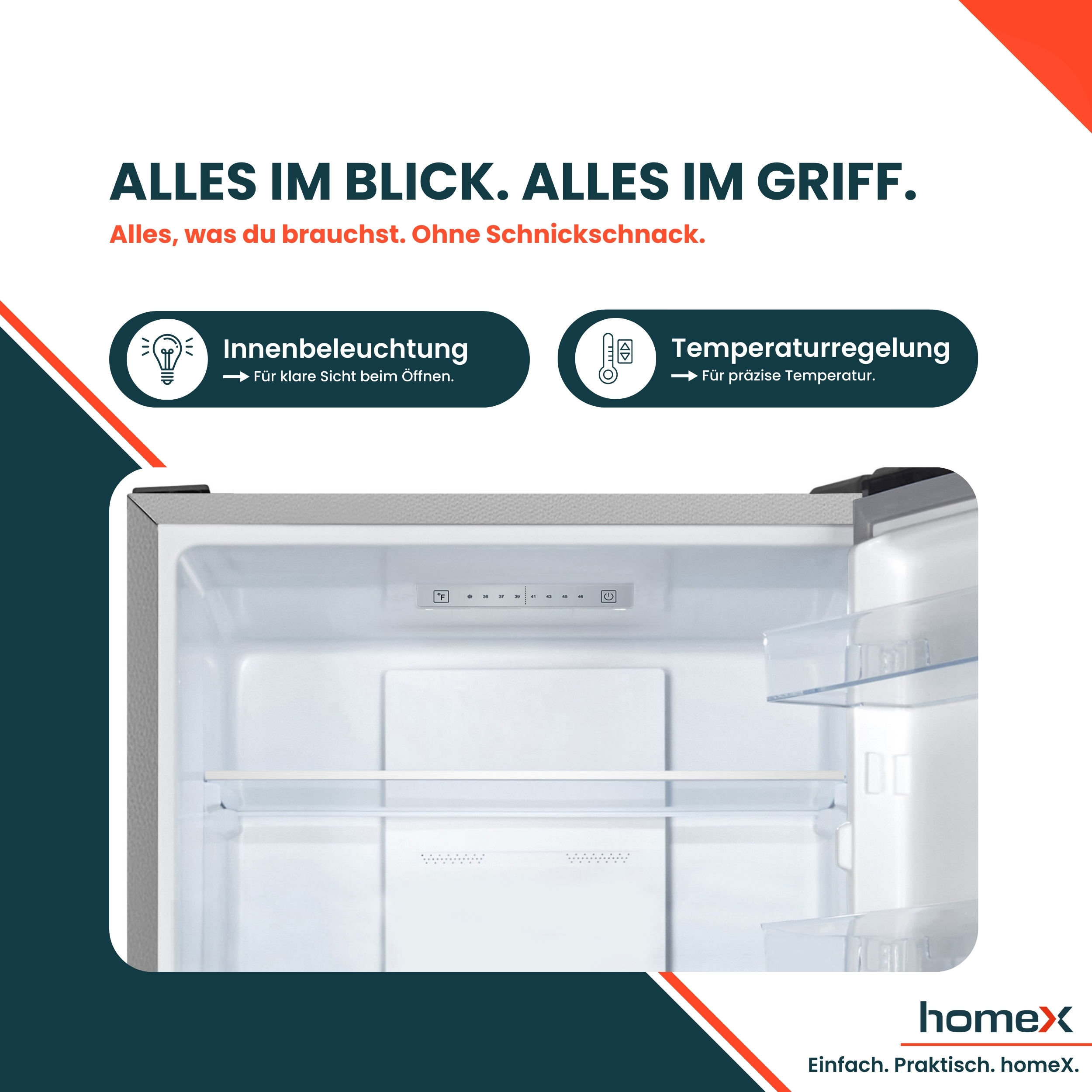 Ein leerer Kühlschrank mit Innenbeleuchtung und Temperaturregelung.