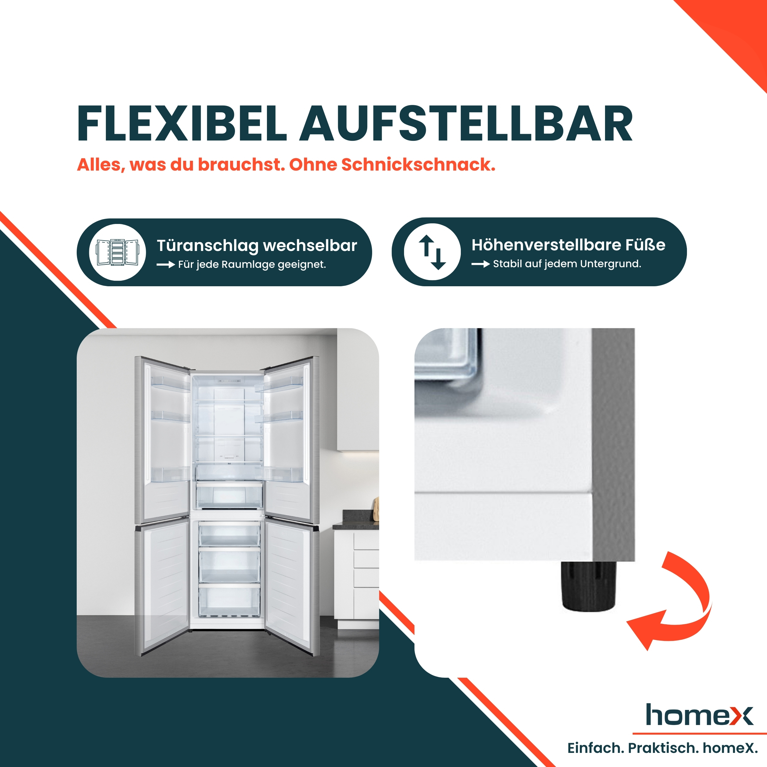 Ein silberner Kühlschrank mit offenen Türen und ein Detailbild der verstellbaren Füße.