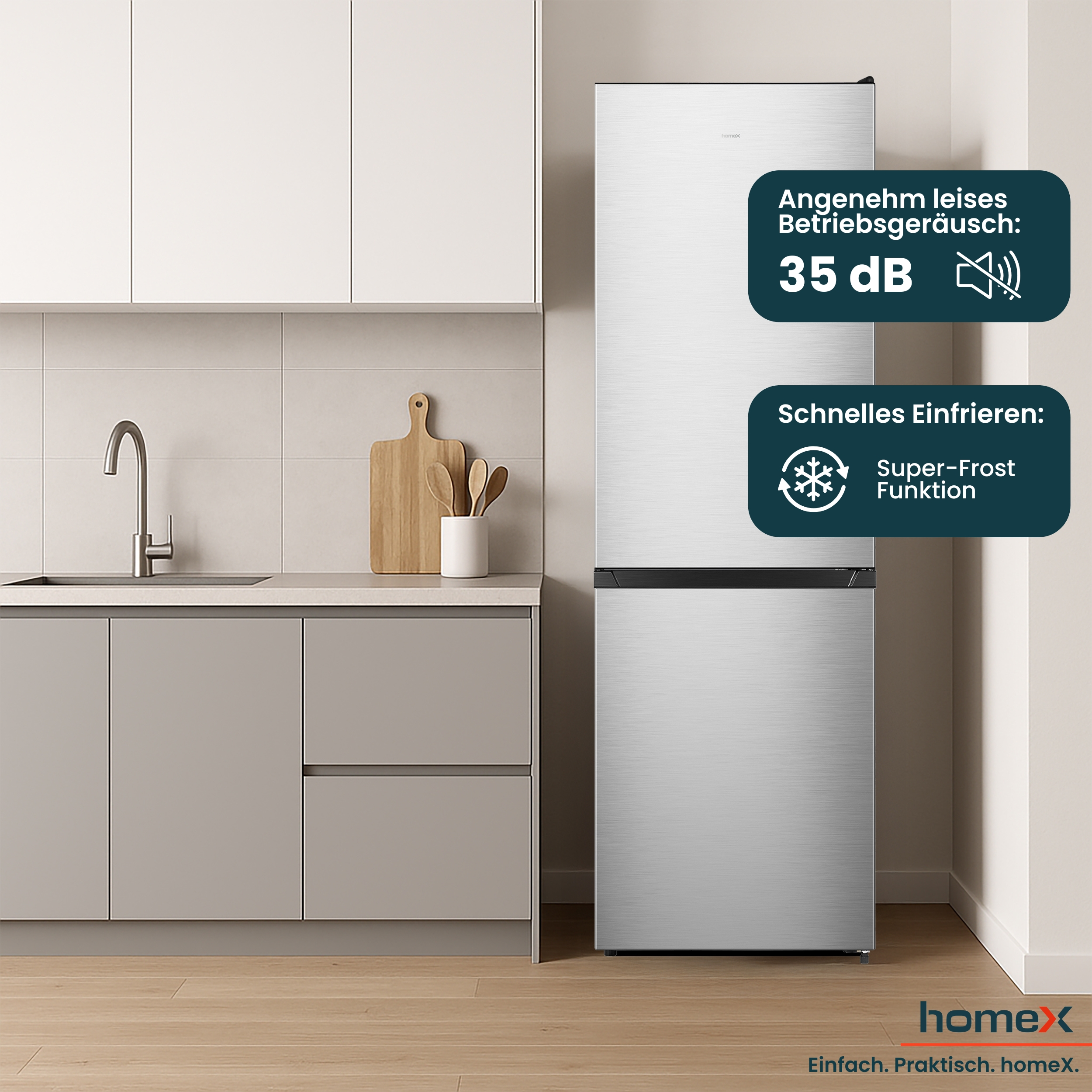 Kühlschrank in Küche mit leiser Funktion 35 dB und Super-Frost.