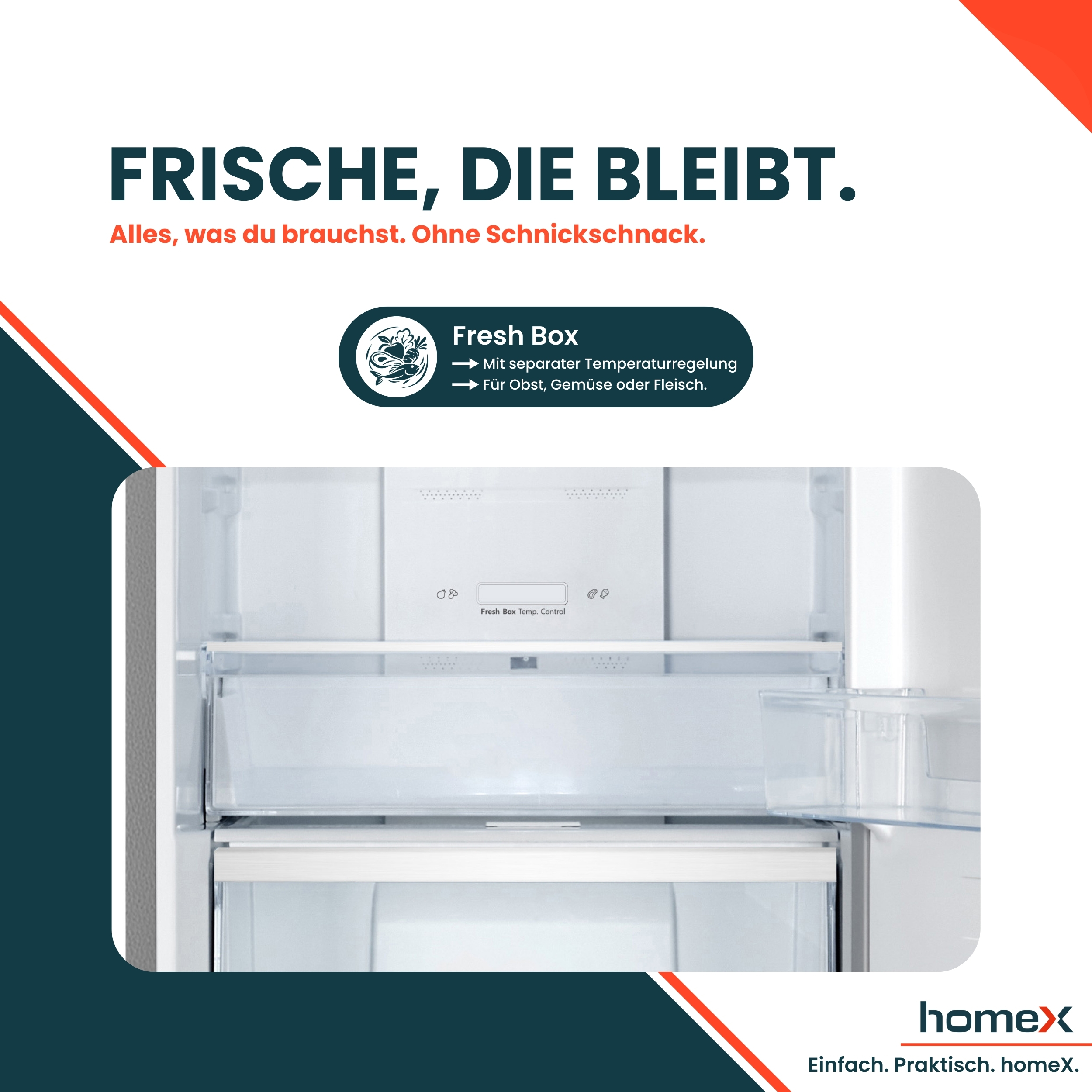 Ein leerer Kühlschrank mit einer "Fresh Box" Schublade und Temperaturregelung.