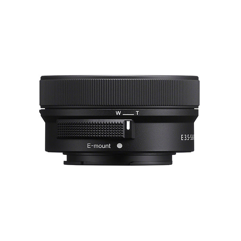 Un obiettivo per fotocamera nero con attacco E, interruttore zoom e apertura f/3.5-5.6.
