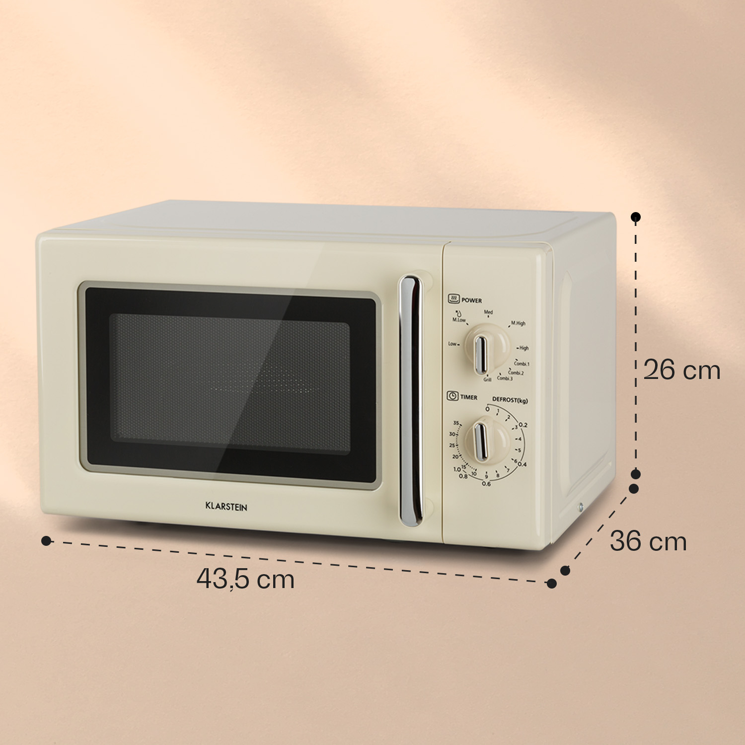 Forno a microonde color crema con maniglia e manopole argentate. Dimensioni: 43,5x26x36cm.