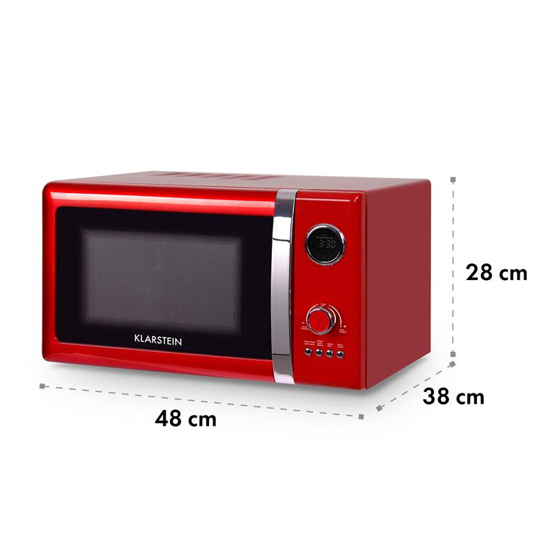 Un microonde Klarstein rosso con accenti argentati, dimensioni 48x38x28 cm.