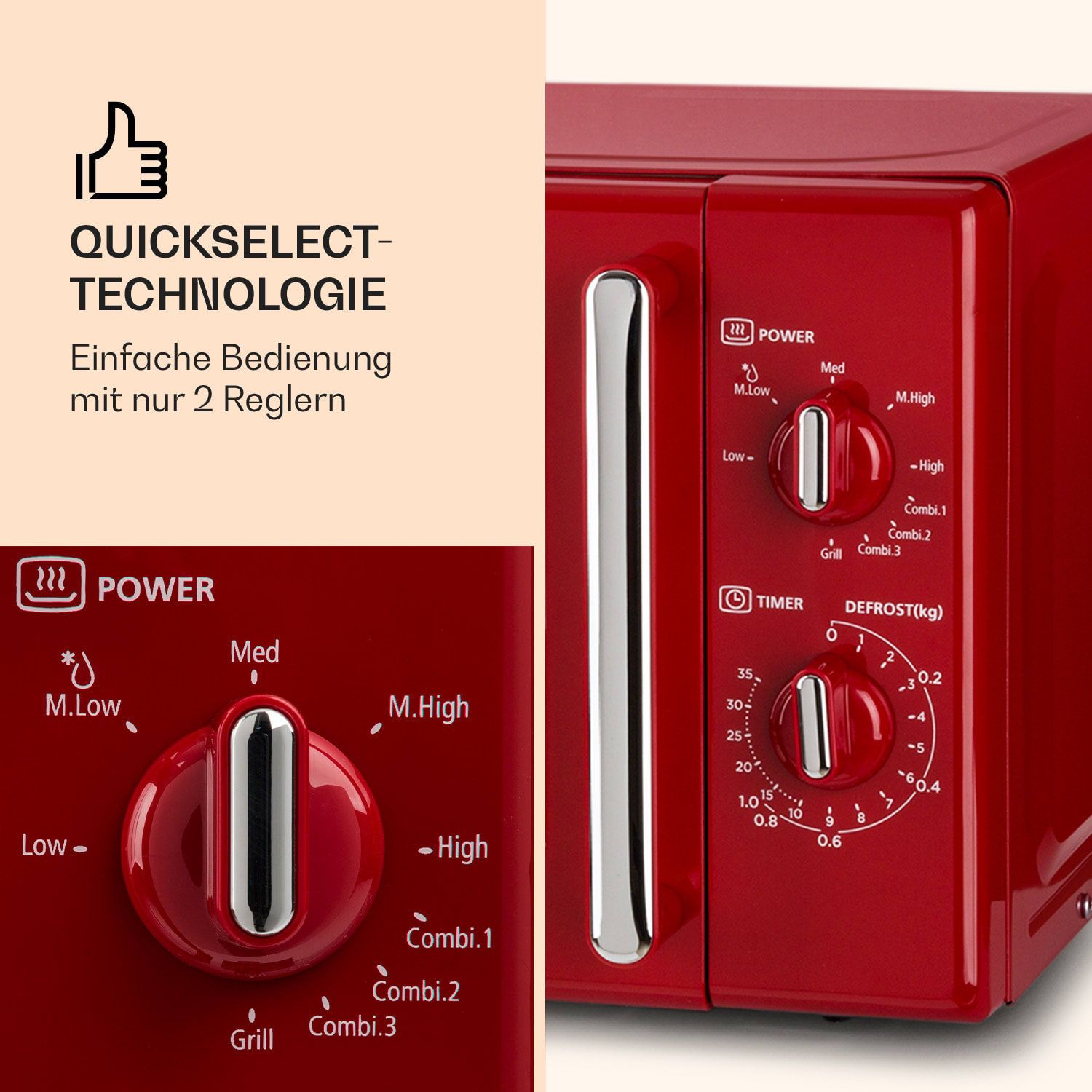 Forno a microonde rosso con due manopole per le impostazioni di potenza e timer/scongelamento.
