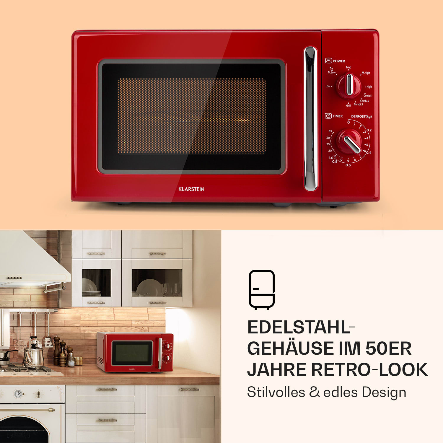 Microonde rosso retrò con manopole e timer su una mensola della cucina.