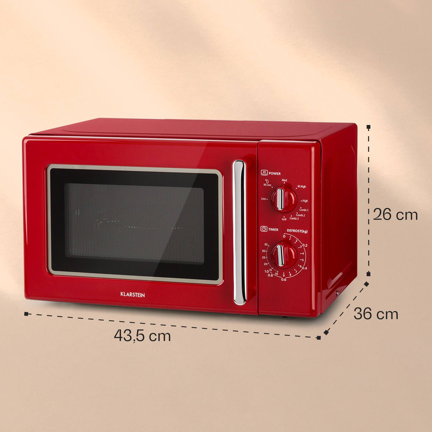 Microonde Klarstein rosso con manopole per potenza e timer, dimensioni 43,5x36x26cm.
