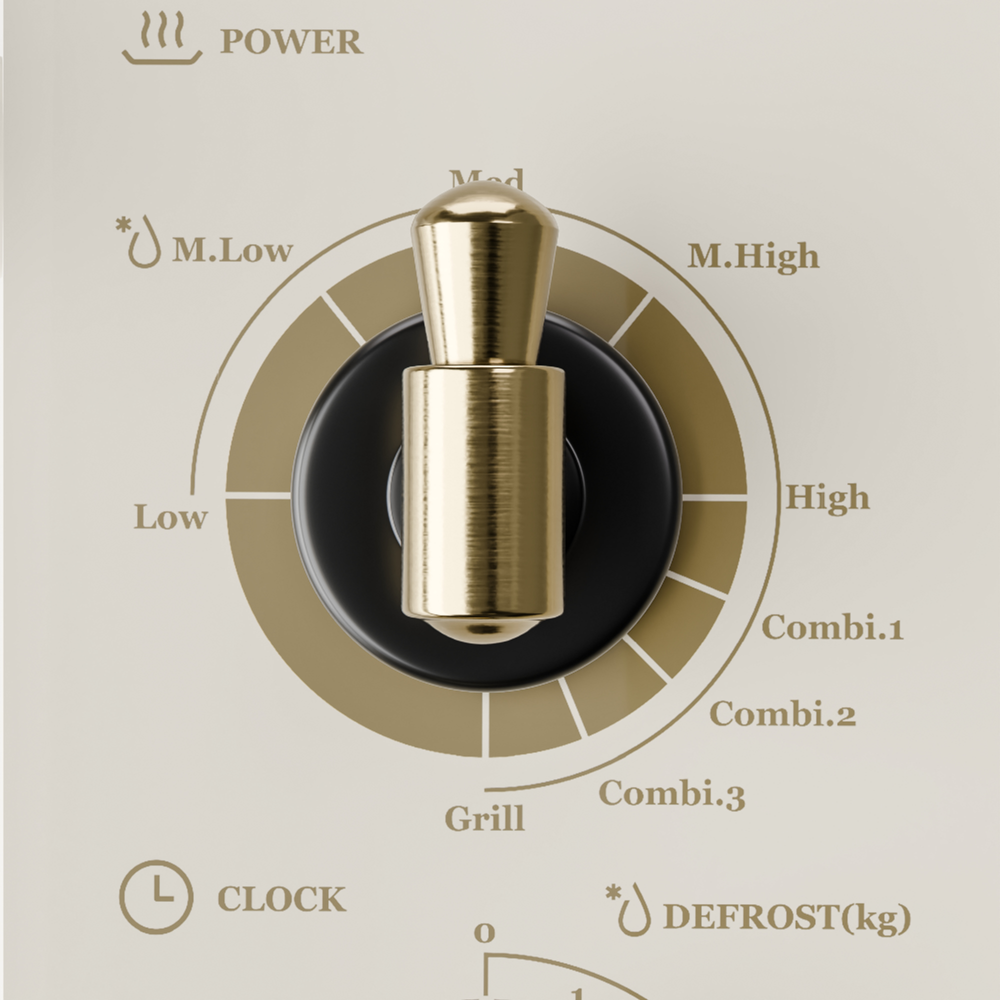 Ein goldener Drehknopf auf einem Bedienfeld mit Leistungsstufen wie 'Low', 'Med', 'High'.