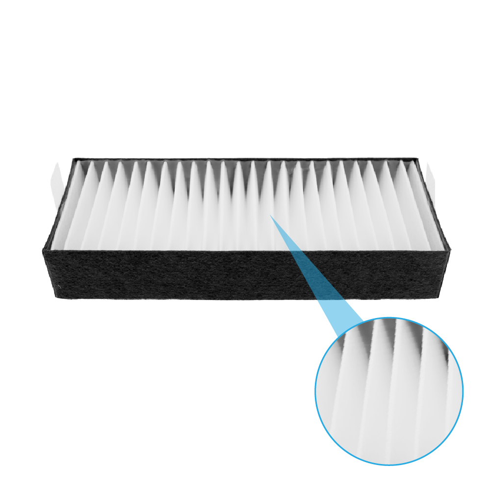 Ein Kabinenluftfilter mit einem schwarzen Rahmen und weißen Falten.