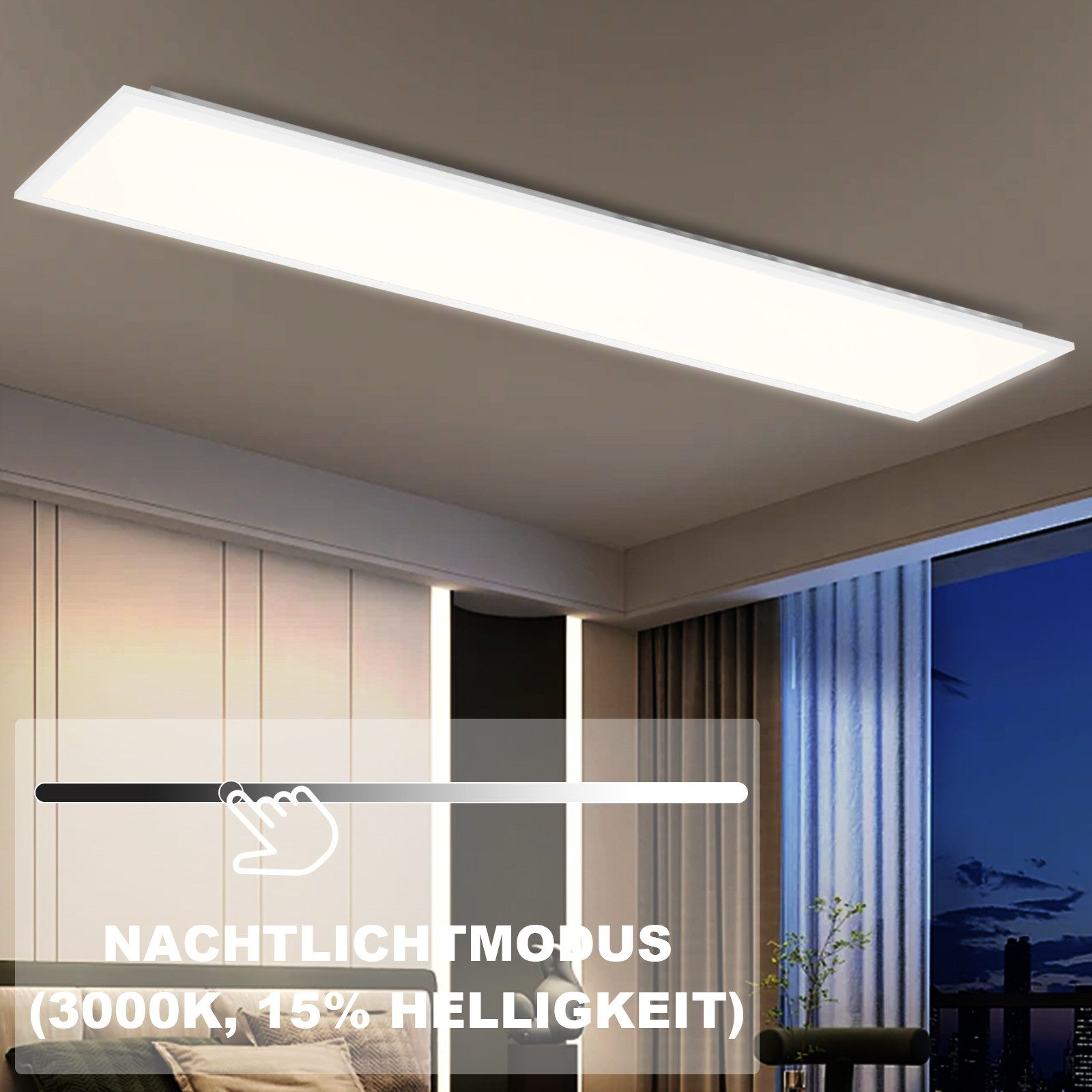 Eine rechteckige Deckenleuchte strahlt warmes Licht aus. Ein Slider zeigt den Nachtlichtmodus.
