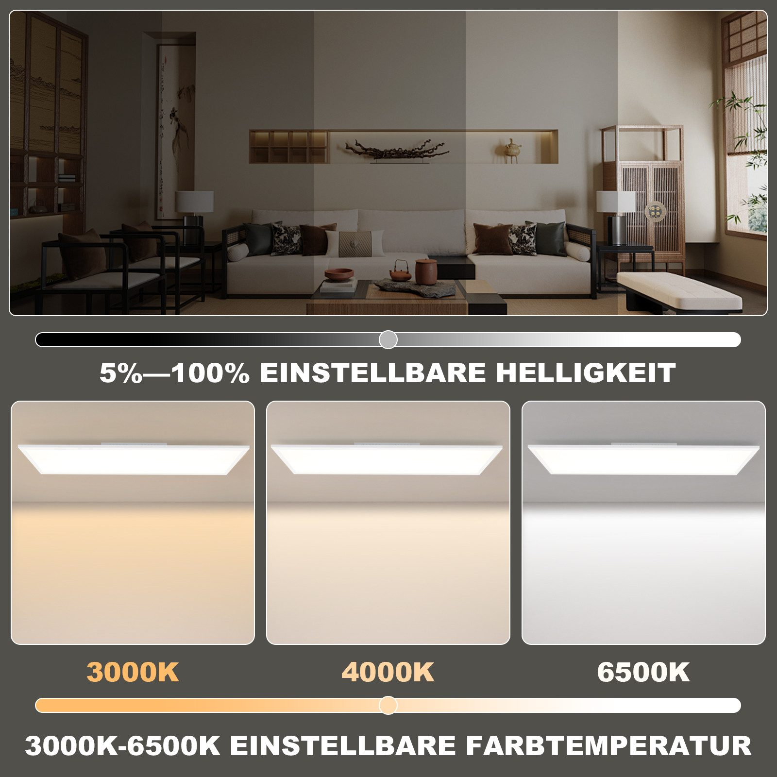 Helles Wohnzimmer mit drei Beleuchtungsoptionen: warmweiß, neutralweiß und kaltweiß.