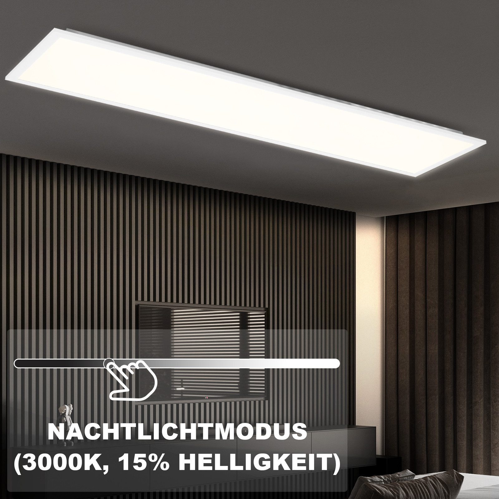 Moderne Deckenleuchte mit dimmbarem Nachtlichtmodus (3000K, 15% Helligkeit).